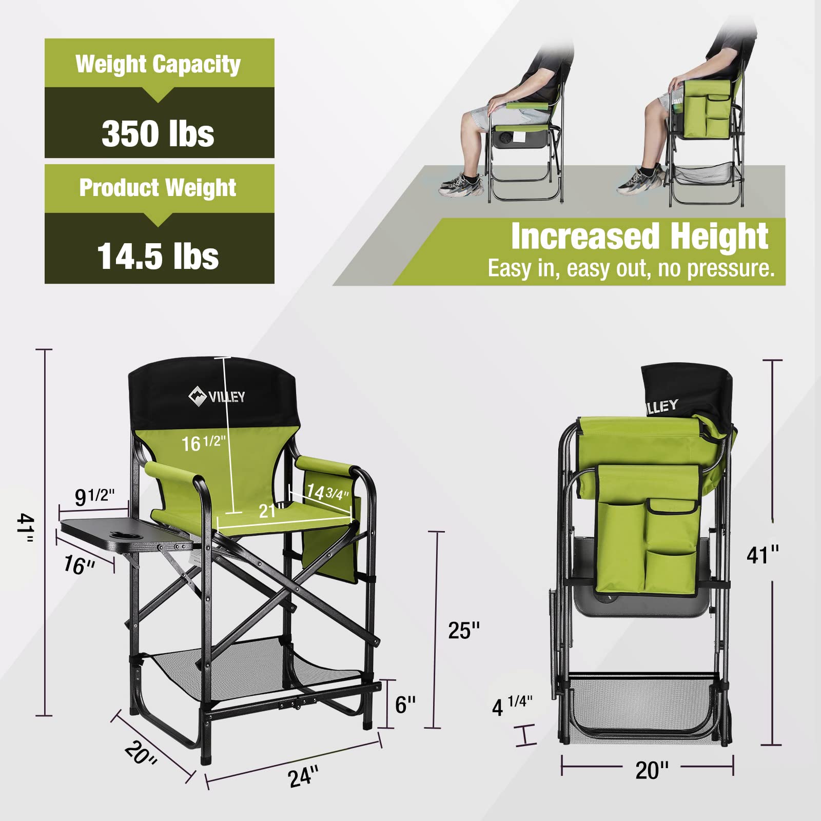 VILLEY Tall Directors Chair - Heavy Duty 900D Fabric Folding Camping Chair with Footrest - Supports 350 lbs for Outdoor, Tailgating, Camping, Picnic & Beach - Green Makeup Artist & Photographer Chair for Professional & Home Use