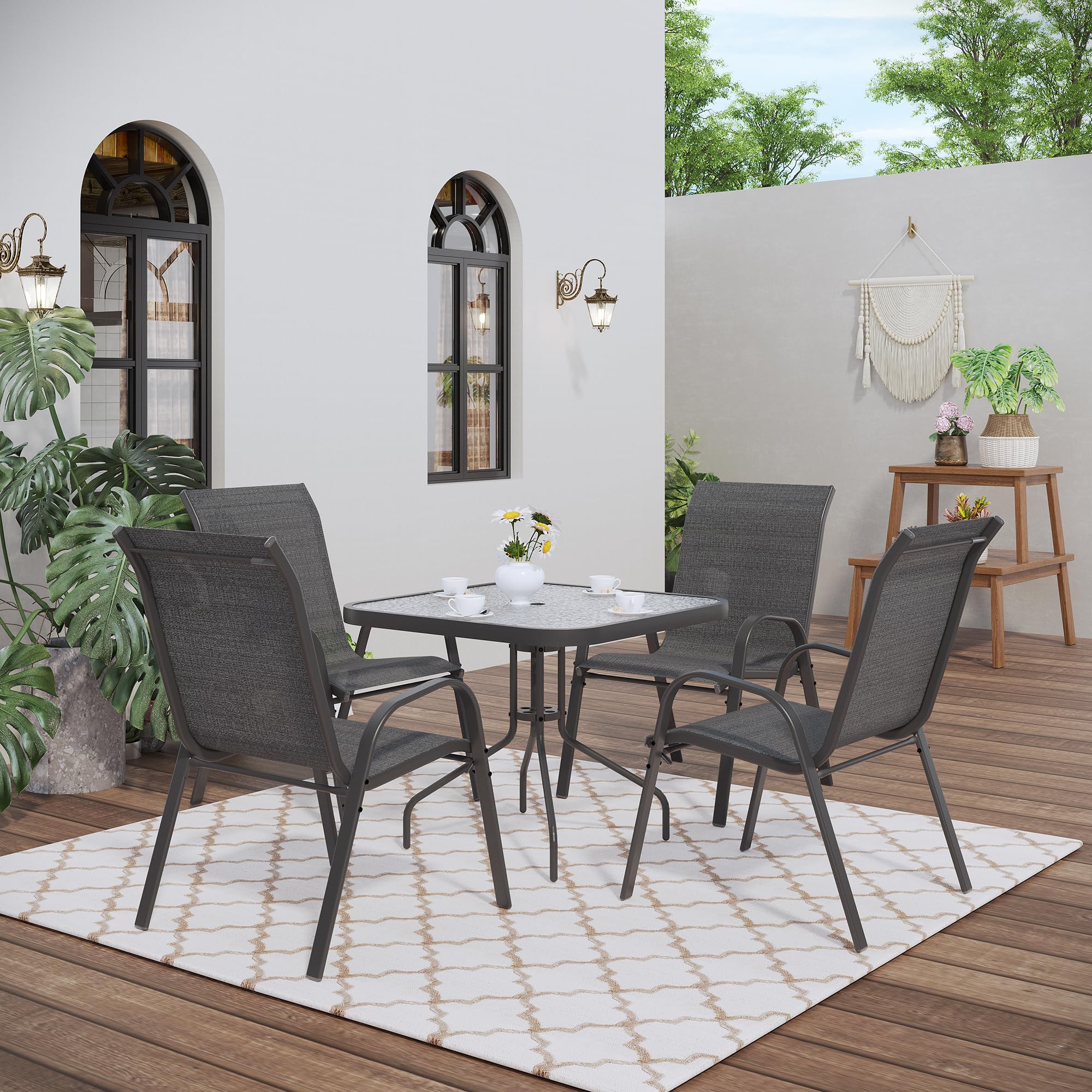 UDPATIO 5-Piece Patio Dining Set with Outdoor Chairs & Square Table - Breathable Fabric & Alloy Steel Frame for Backyard, Porch, Garden, Poolside (Black) | Perfect for Outdoor Entertaining & Relaxation