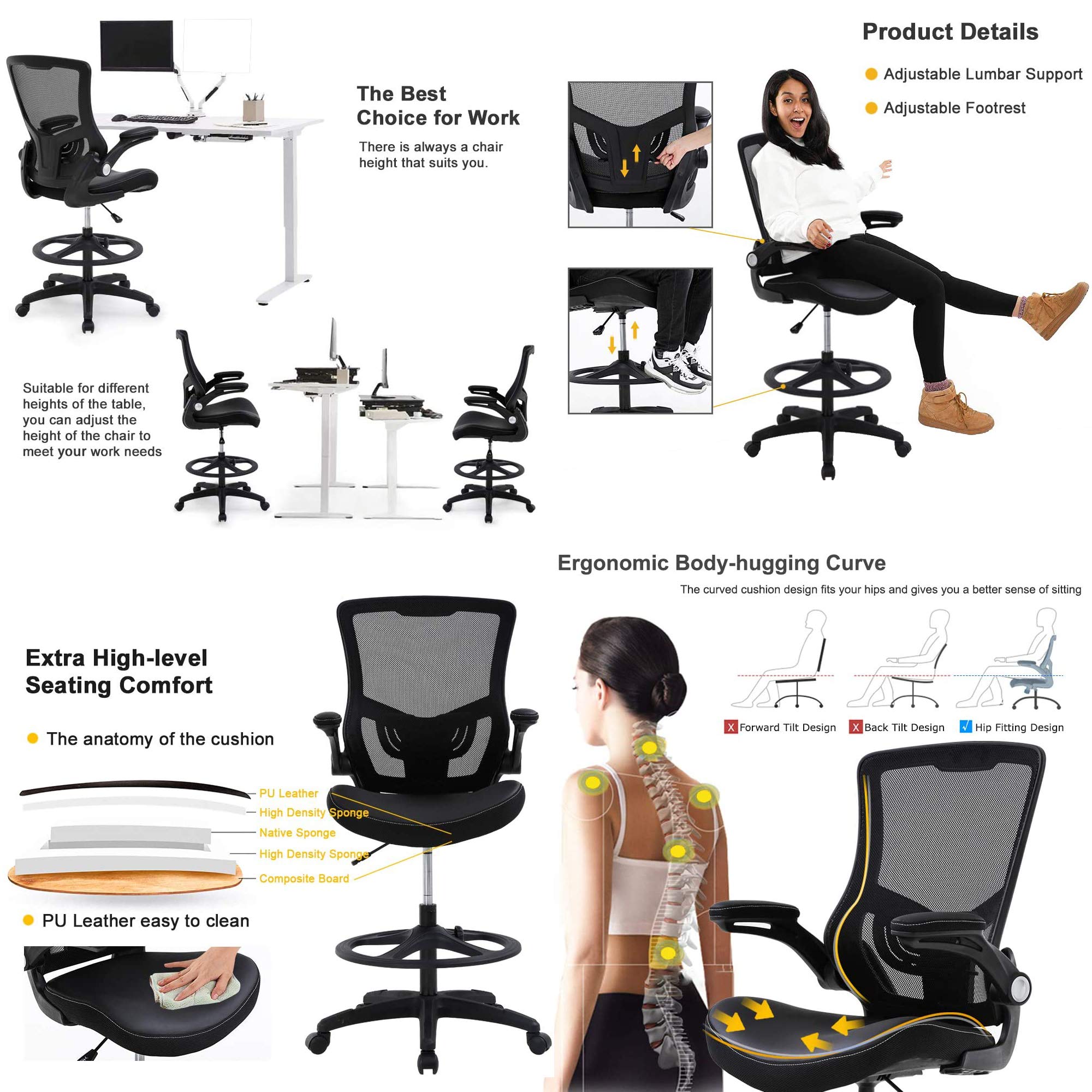 Ergonomic Drafting Chair with Flip-Up Arms, Footrest & Adjustable Height - Mesh Office Chair for Standing Desk, Home Office & Studio Work - Black (Perfect for Architects, Artists & Long Work Sessions)
