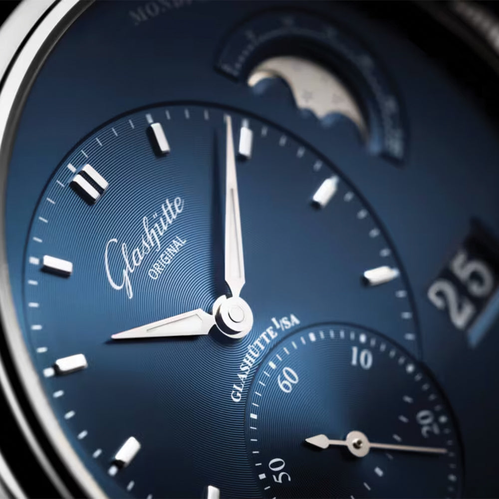 PanoMaticLunar 40mm Stainless Steel Watch with Blue Dial & Leather Strap - Perfect for Business Meetings & Formal Occasions