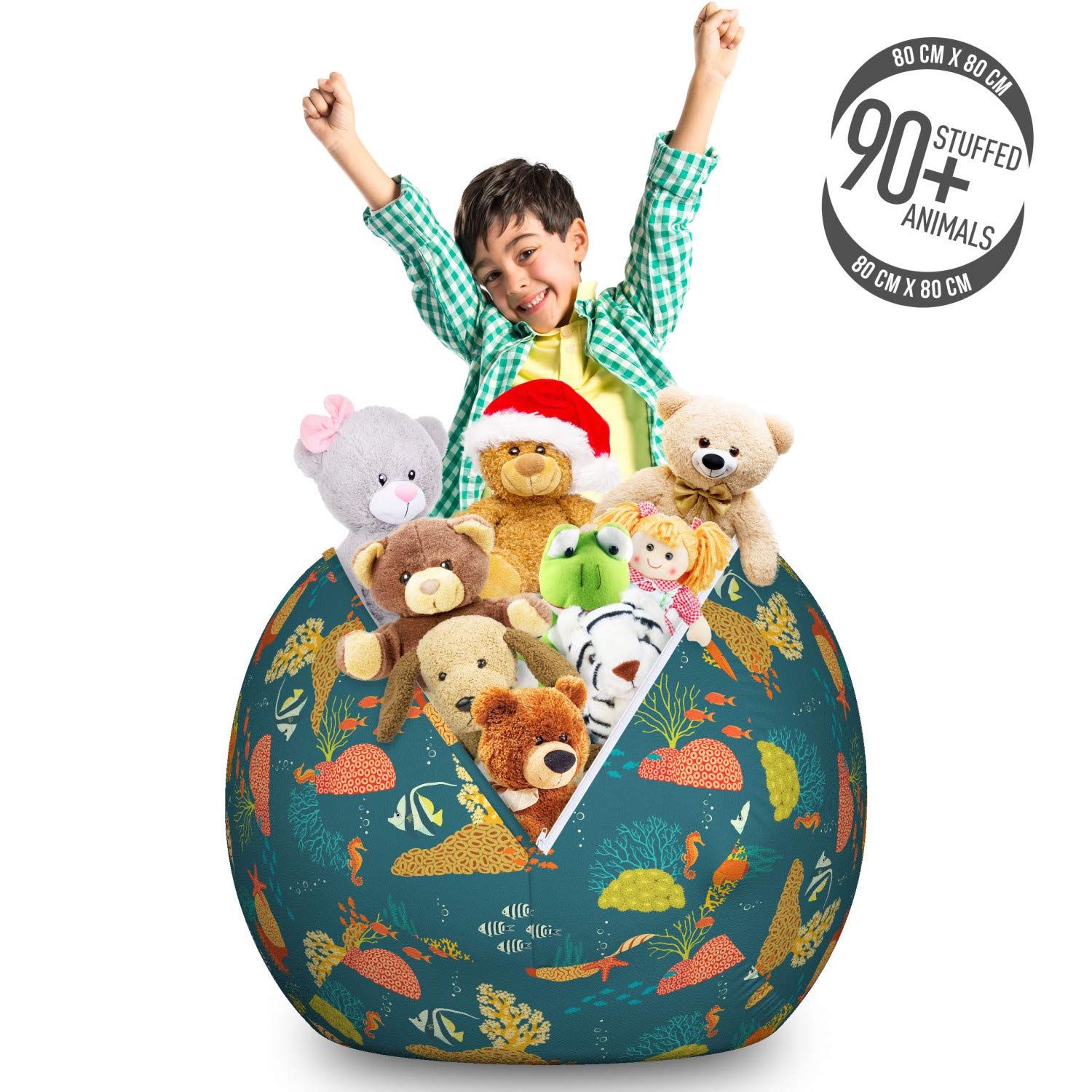 Ambesonne Under The Sea Toy Storage Bag Chair - Large Washable Stuffed Animal Organizer with Coral Reef & Sea Creature Design - Perfect for Kids' Room, Playroom & Beach Toy Organization
