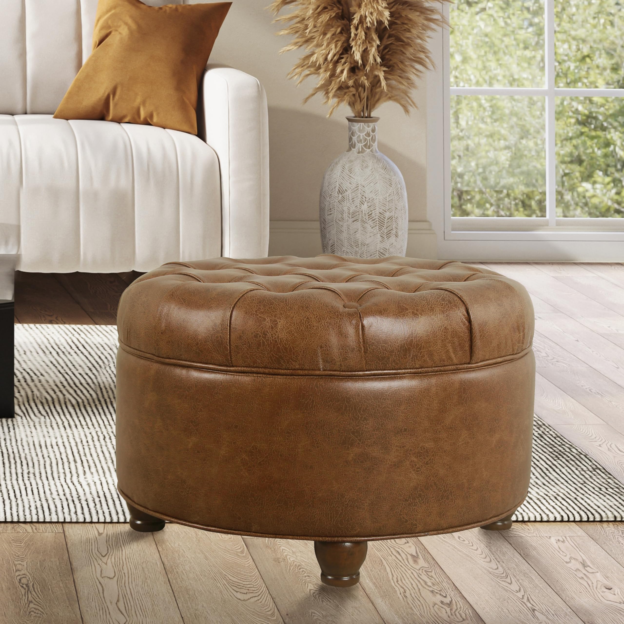 Homepop Button Tufted Faux Leather Round Storage Ottoman - Brown Leather Footrest Stool with Hidden Storage for Living Room, Bedroom & Home Decor | Perfect for Extra Seating, Footrest & Organization