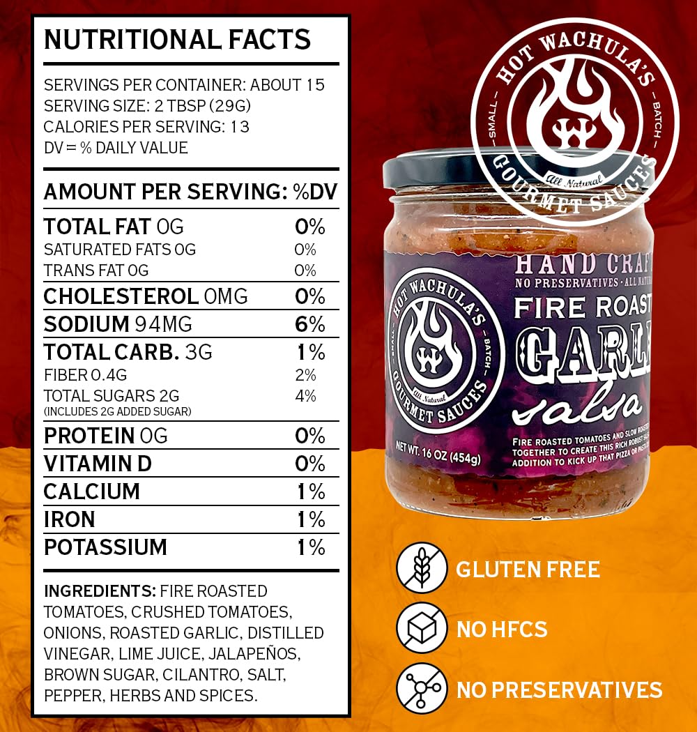 Hot Wachula’s Fire Roasted Garlic Salsa - Medium Spicy, Handcrafted Small Batch Salsa with Fresh All-Natural Ingredients | Gluten Free, Low Sodium | Perfect for Chips, Tacos, Nachos & BBQs