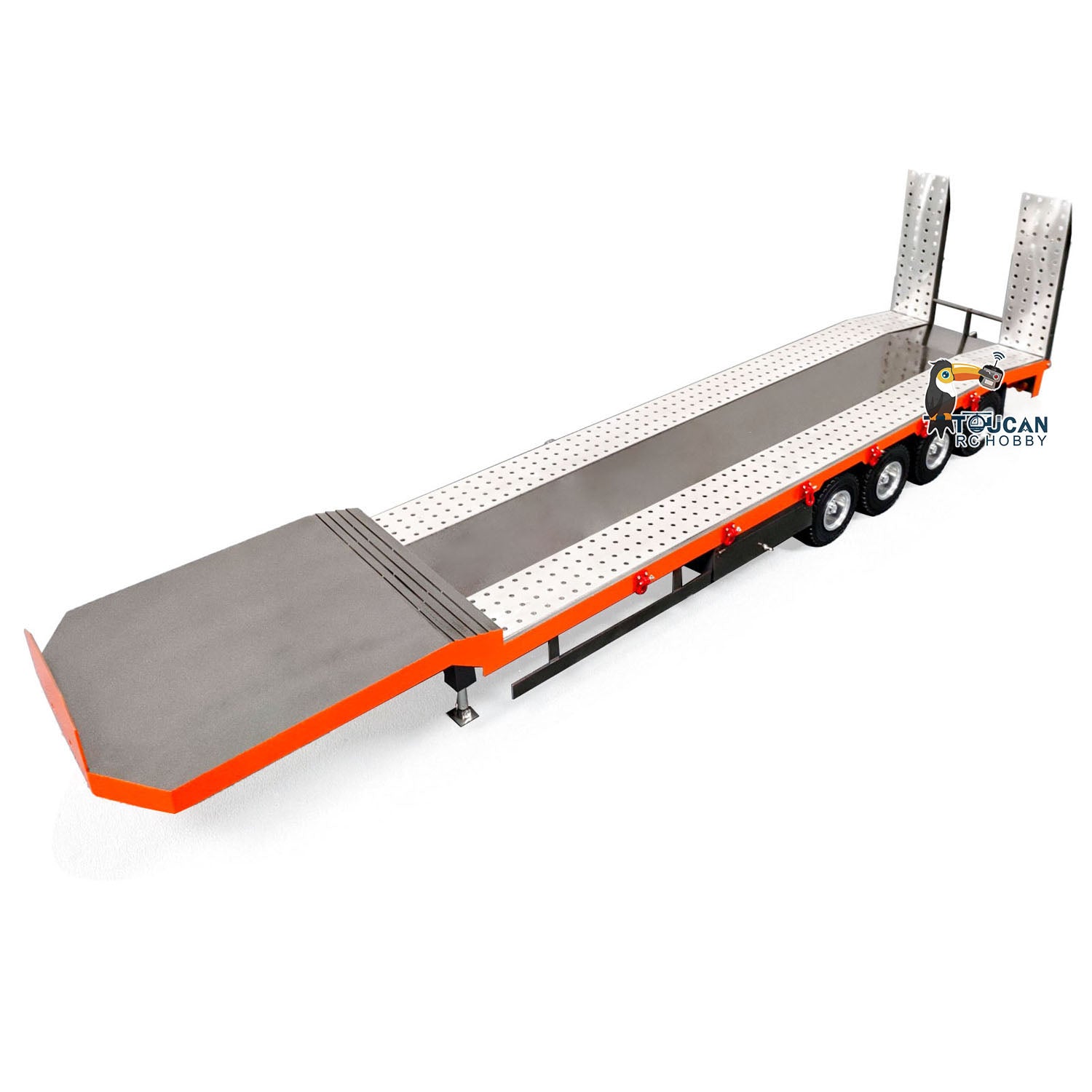 1:14 Scale 4 Axle Metal RC Trailer for Tractor Trucks - Electric Tailgate, Adjustable Legs, Pre-Painted & Assembled DIY Model - Perfect for RC Car Enthusiasts & Collectors