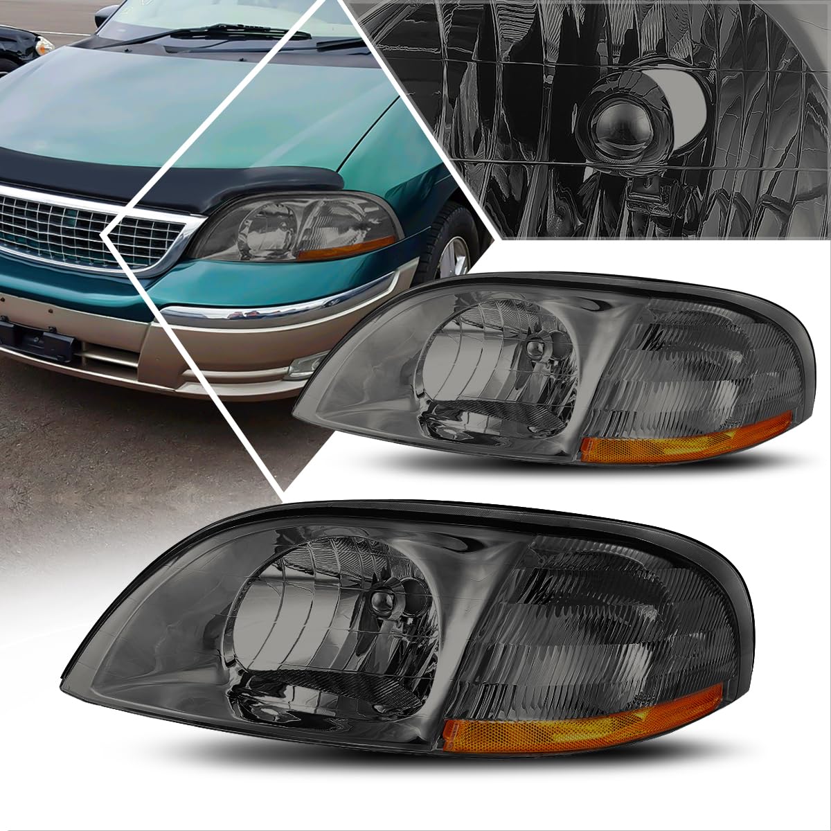 PM PERFORMOTOR Headlight Assembly Compatible with 1999-2003 Ford Windstar - 2Pcs Smoked Lens Headlamps with Amber Corner - Perfect for Night Driving & Vehicle Restoration Projects