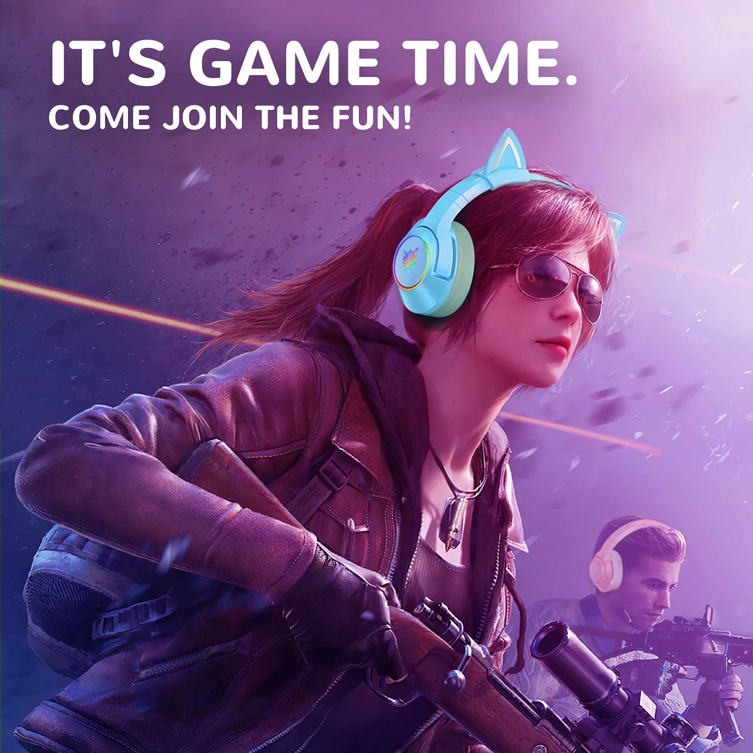 Blue Gaming Headset with Removable Cat Ears - Wireless Over-Ear Headphones for PC, PS4, PS5, Xbox One & Mobile | 7.1 Surround Sound, RGB Lighting, Retractable Mic | Perfect for Gaming, Streaming & Online Classes