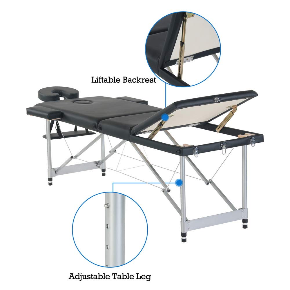 Portable Massage Bed - 84 Inch 3-Fold Adjustable Aluminum Salon Spa Table for Professional Massage & Facial Treatments | Perfect for Home, Salon & Mobile Spa Services (Black)