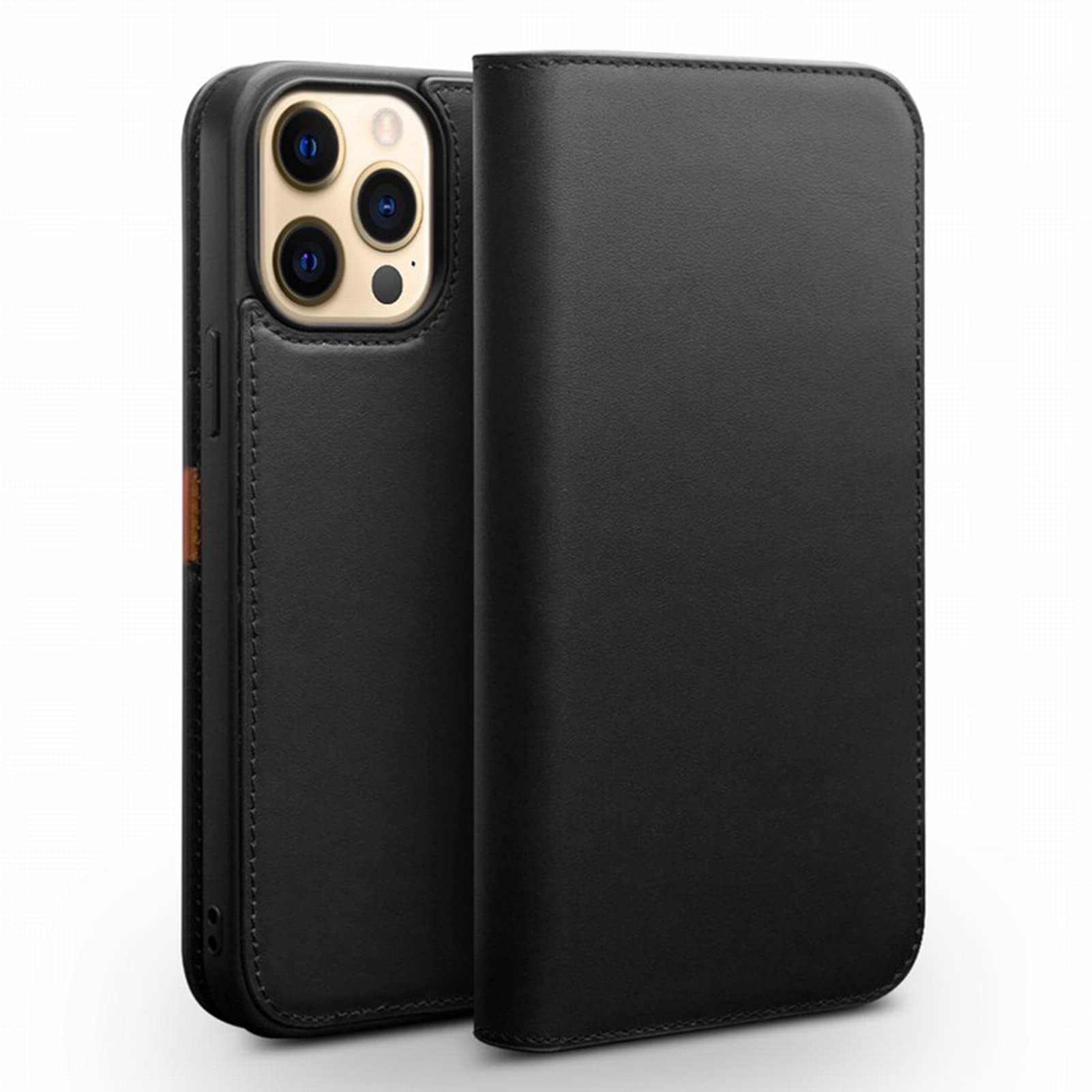 Genuine Leather Wallet Case for iPhone 13/13 Pro/13 Pro Max - Shockproof TPU Cover with Card Slots & Viewing Stand | Black | 6.1