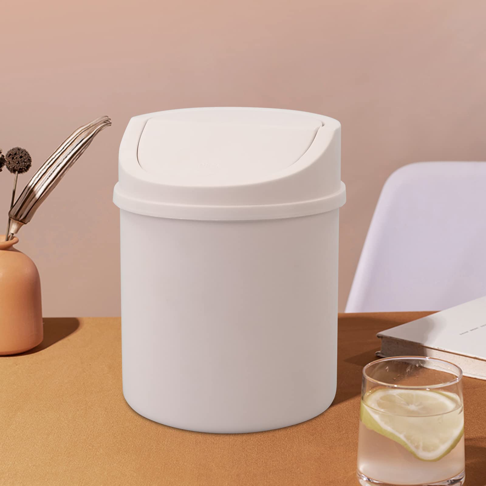 2L Plastic Mini Desktop Trash Can with Swing Lid - Small Waste Bin for Office, Bedroom, Bathroom - Pink Tiny Garbage Can for Home & Workspace Organization