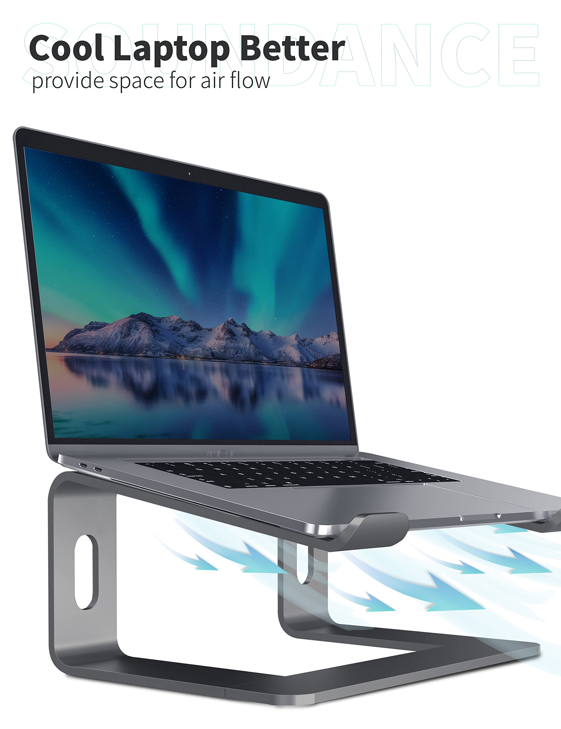 SOUNDANCE Aluminum Laptop Stand for Desk - Ergonomic Computer Riser Holder Compatible with 10-15.6 Inch Notebooks (Grey) | Perfect for Home Office, Gaming & Workspace Setup