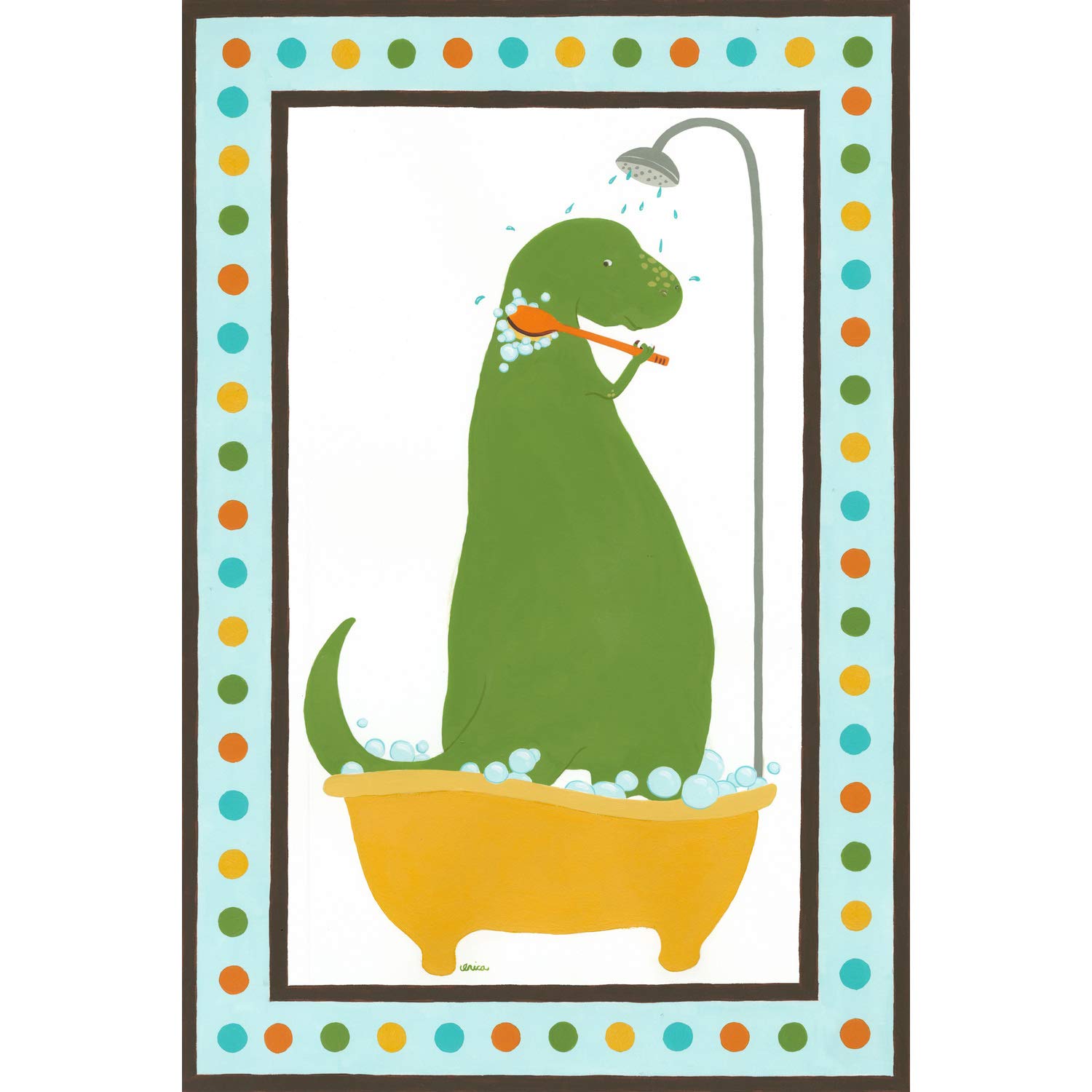 Marmont Hill Rub-a-Dub Dino II Canvas Art Print - 16x24 Inch Framed Wall Decor - Perfect for Nursery, Kids Room & Playroom Decorations