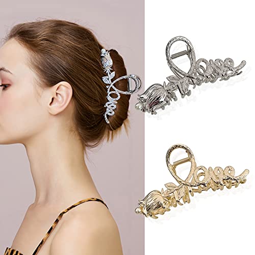 Fuyunohi 2 Pcs Metal Hair Barrettes for Women - Gold & Silver Claw Clips, Vintage 90s Hair Accessories (Tulip Design) - Perfect for Everyday Styling, Parties, and Retro Fashion Looks
