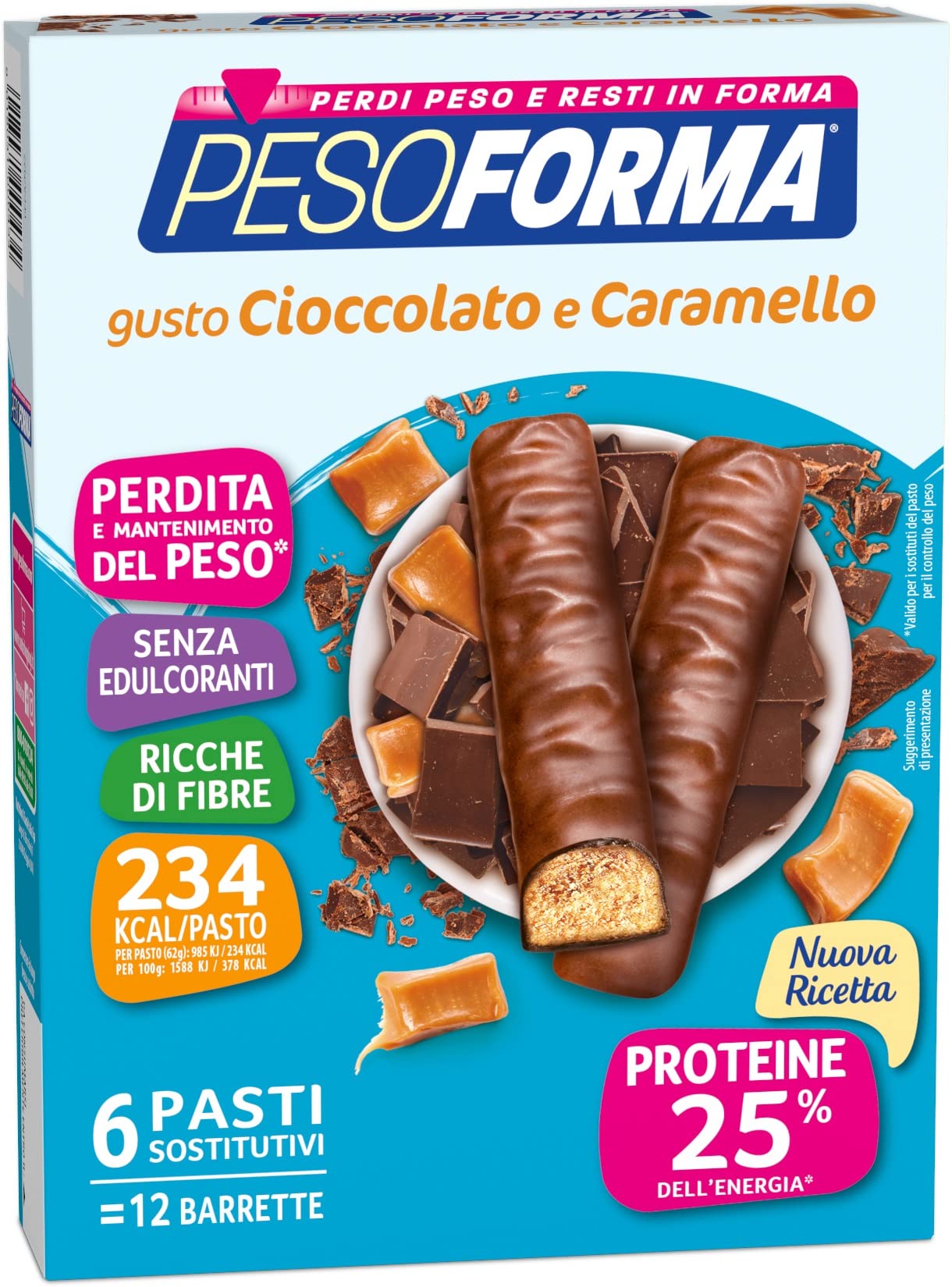 PESOFORMA Protein Bar - Chocolate & Caramel Flavor, Low Calorie Meal Replacement (234kcal), Weight Management Snack, High Protein Bar for Fitness - 12x31g Pack | Perfect for On-the-Go Nutrition & Post-Workout Recovery