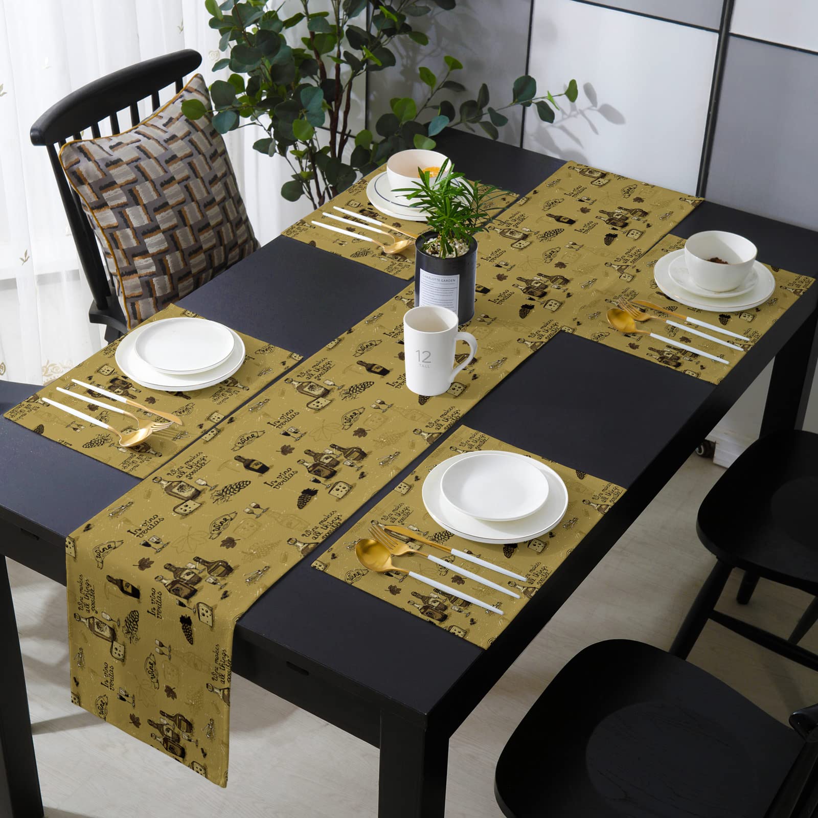 Chucoco Vintage Wine Grape Table Runner and Placemats Set - 2-Piece Cotton Linen Dining Table Decor for Farmhouse, Harvest, Indoor & Outdoor Use - Perfect for Dinner Parties, Holiday Gatherings, and Rustic Home Decor