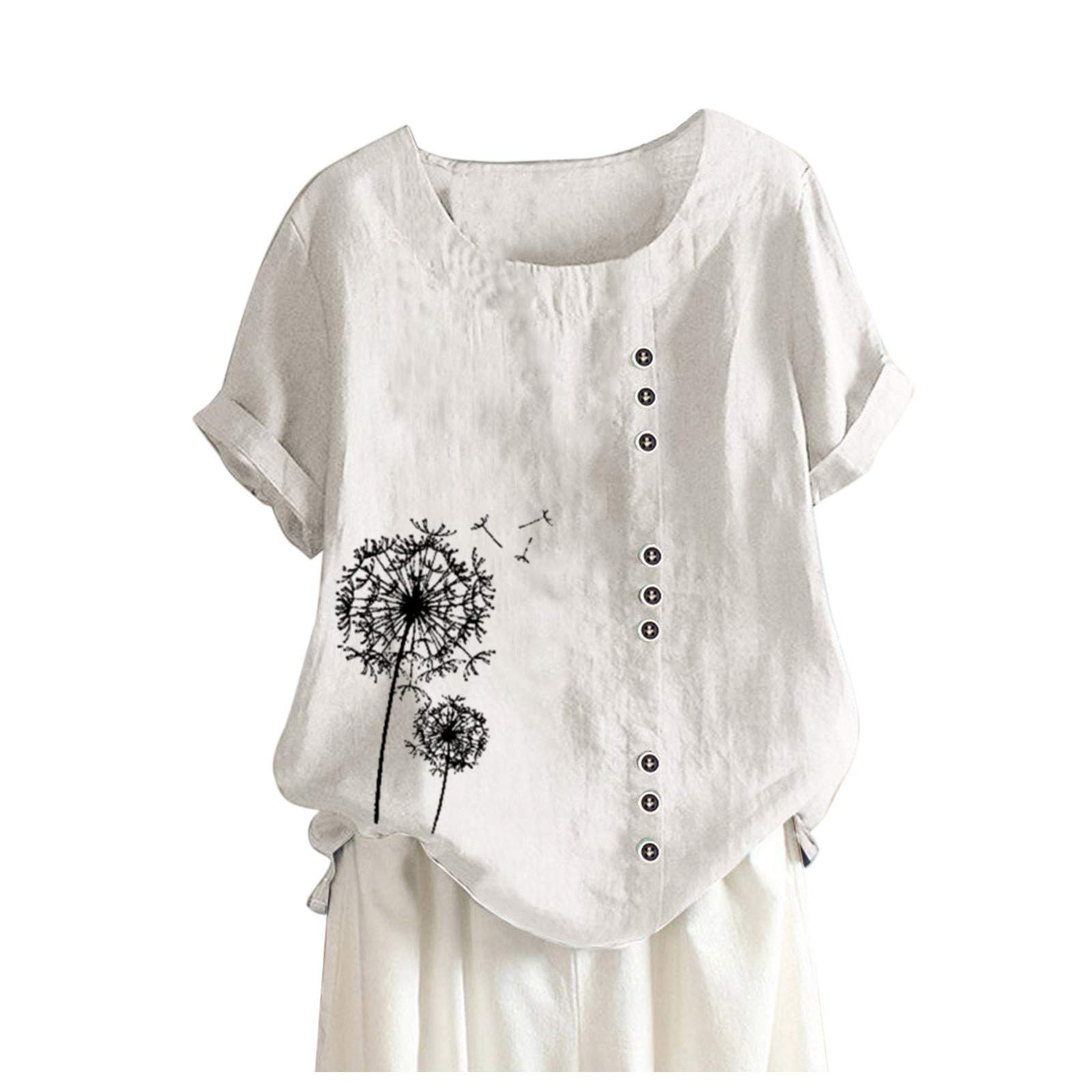 Women's Linen Summer Tops - Floral Print Round Neck Short Sleeve T-Shirt | Lightweight Casual Blouse for Beach, Travel & Everyday Wear