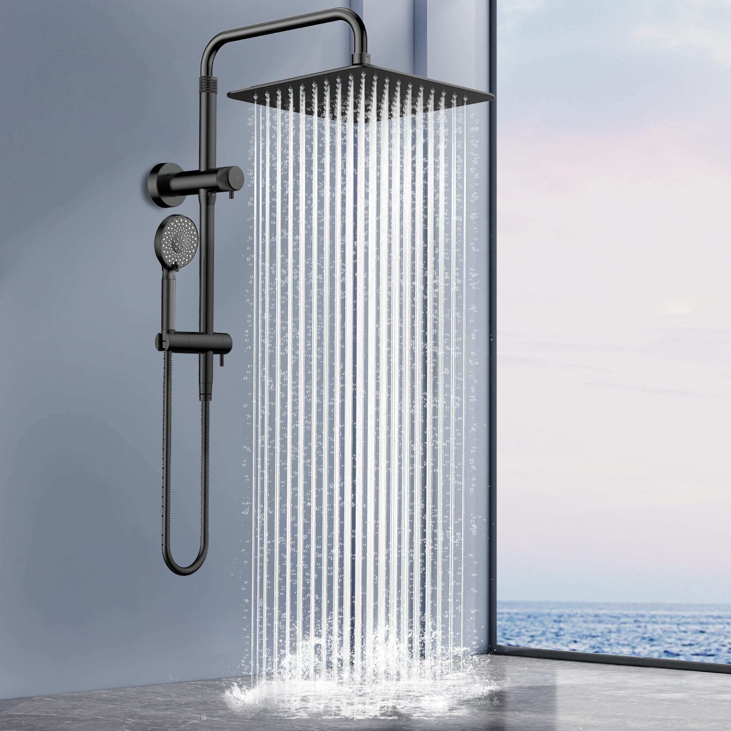 10 Inch All Metal Rainfall Shower Head with Handheld Combo - High Pressure 9 Mode Shower System, Adjustable Extension Arm & Slide Bar in Matte Black - Perfect for Spa-Like Bathroom Experience & Modern Home Upgrade