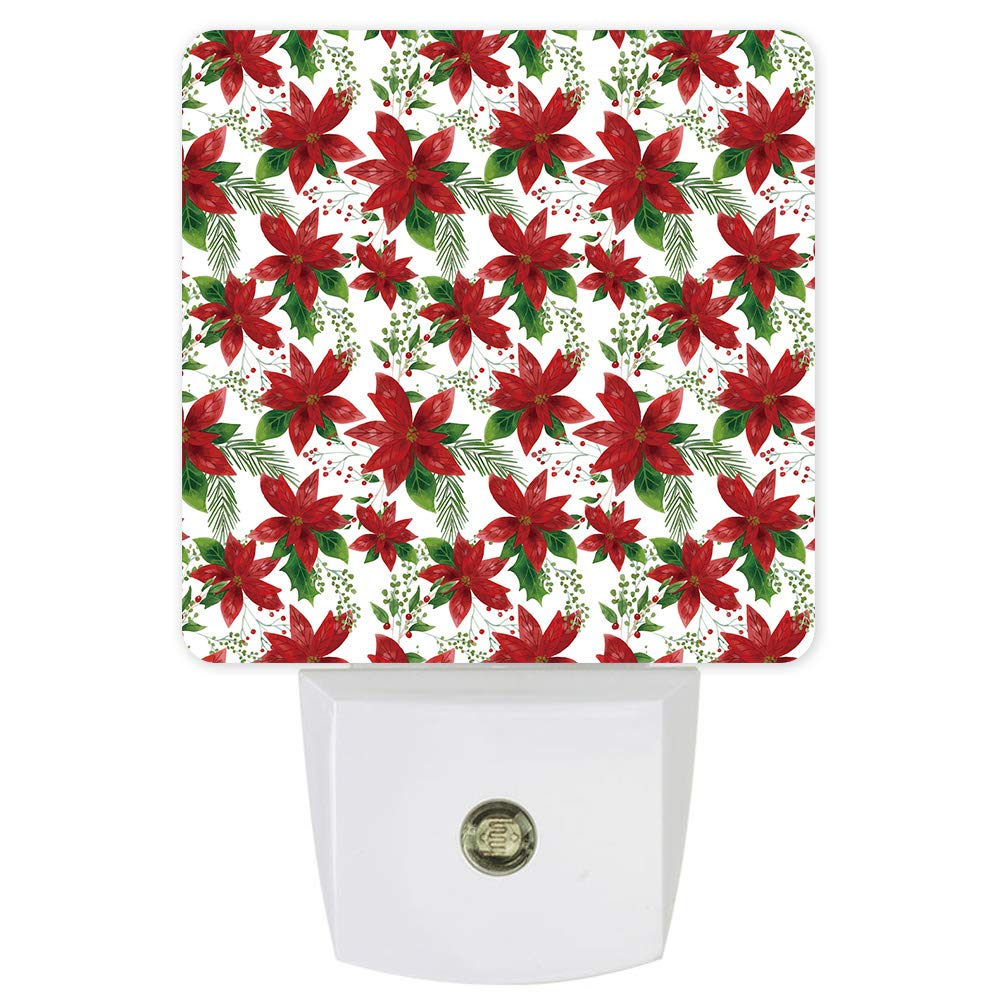 Red Poinsettia Christmas LED Night Light with Auto Dusk-to-Dawn Sensor - Plug-in Wall Light for Bedroom, Bathroom, Kitchen, Nursery, Hallway & Stairs | Holiday Home Decor & Festive Ambiance Lighting