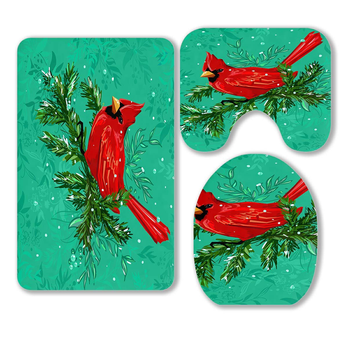 Northern Red Cardinal Bird Wildlife Winter 3-Piece Bathroom Rug Set - Non-Slip Bath Mat, Contour Mat & Toilet Lid Cover - Cozy Home Decor for Winter, Holiday & Farmhouse Style Bathrooms