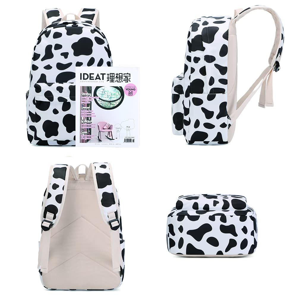**Cow Print Backpack for Teen Girls - Lightweight High Capacity School Backpack with Lunch Bag 3-Piece Set (Cute Cow Pattern) - Perfect for Middle School, Travel & Daily Use**