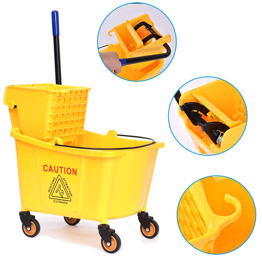 Commercial Mop Bucket with Wringer - 32L Heavy Duty Yellow Cleaning Bucket for Home & Public Floors - Ideal for Janitorial, Hospital, School & Office Cleaning