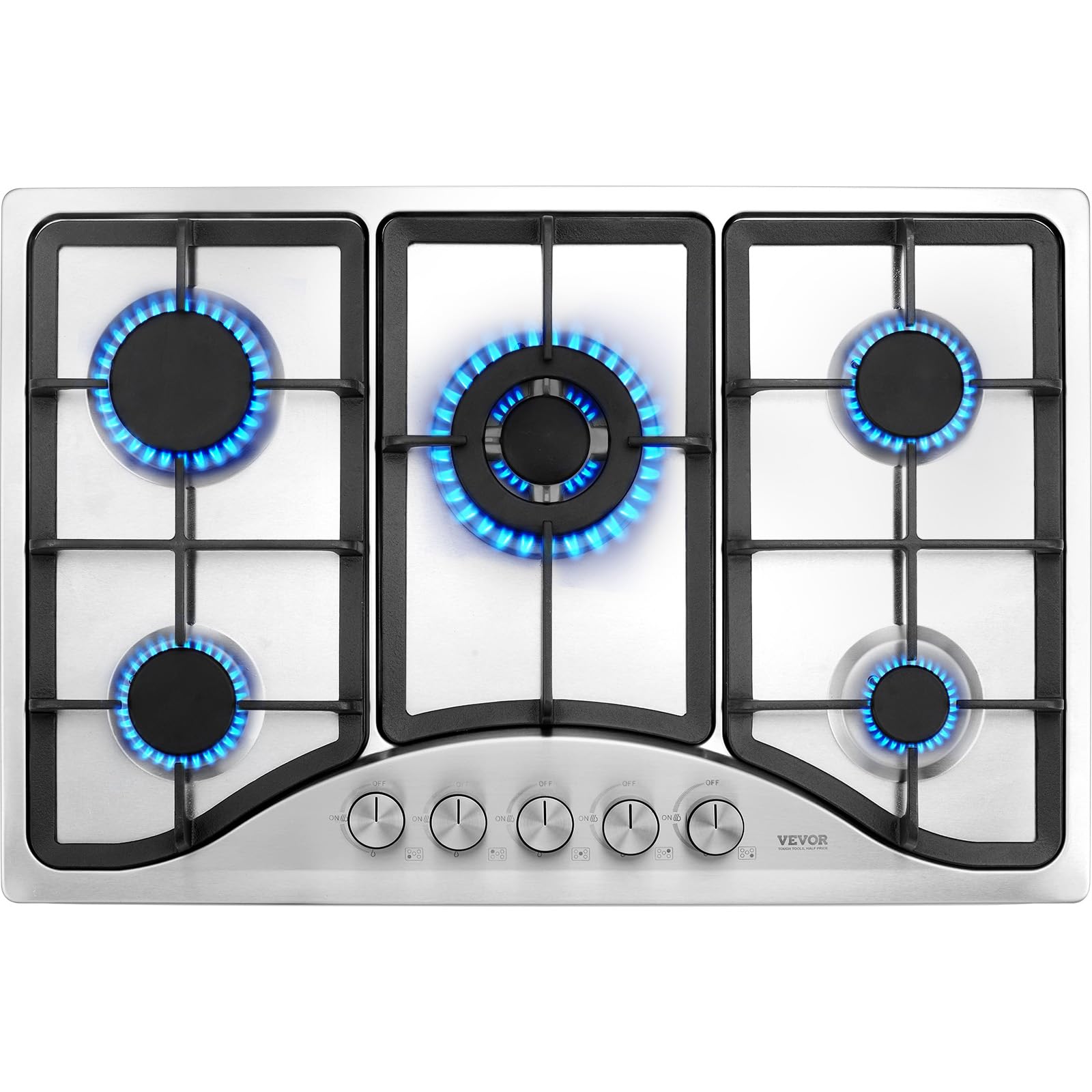 VEVOR 30-inch 5 Burner Built-in Gas Cooktop, 12250BTU NG/LPG Convertible Stainless Steel Gas Stove with Thermocouple Protection - Perfect for Camping, RV, Apartment & Outdoor Cooking