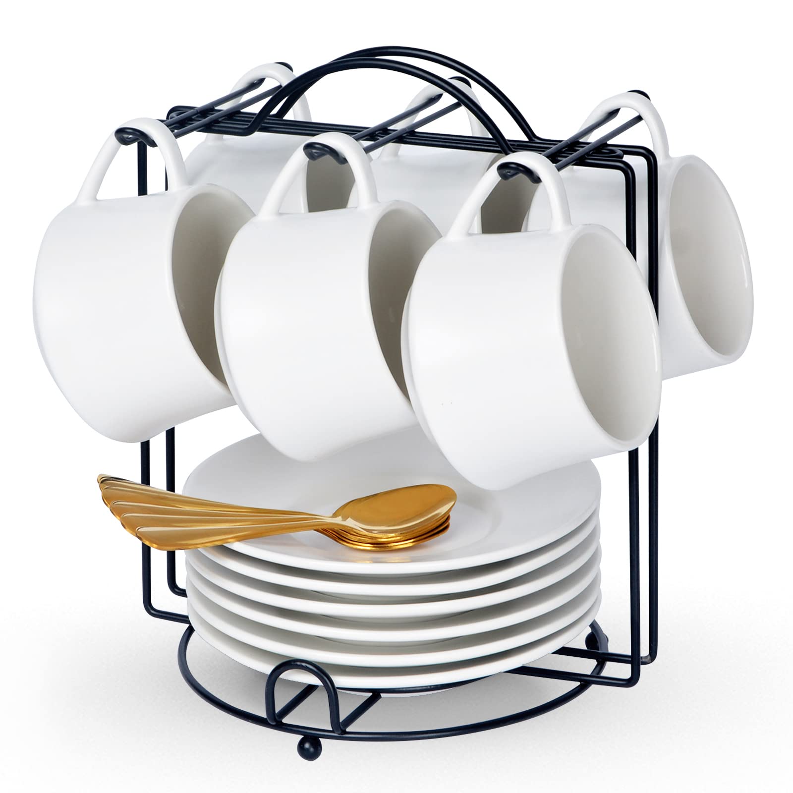 Lareina 7oz Porcelain Coffee Cups Set - 6 White Ceramic Cappuccino Cups with Saucers, Spoons & Stand for Americano, Latte, Mocha & Tea - Perfect for Home, Cafe & Office Use