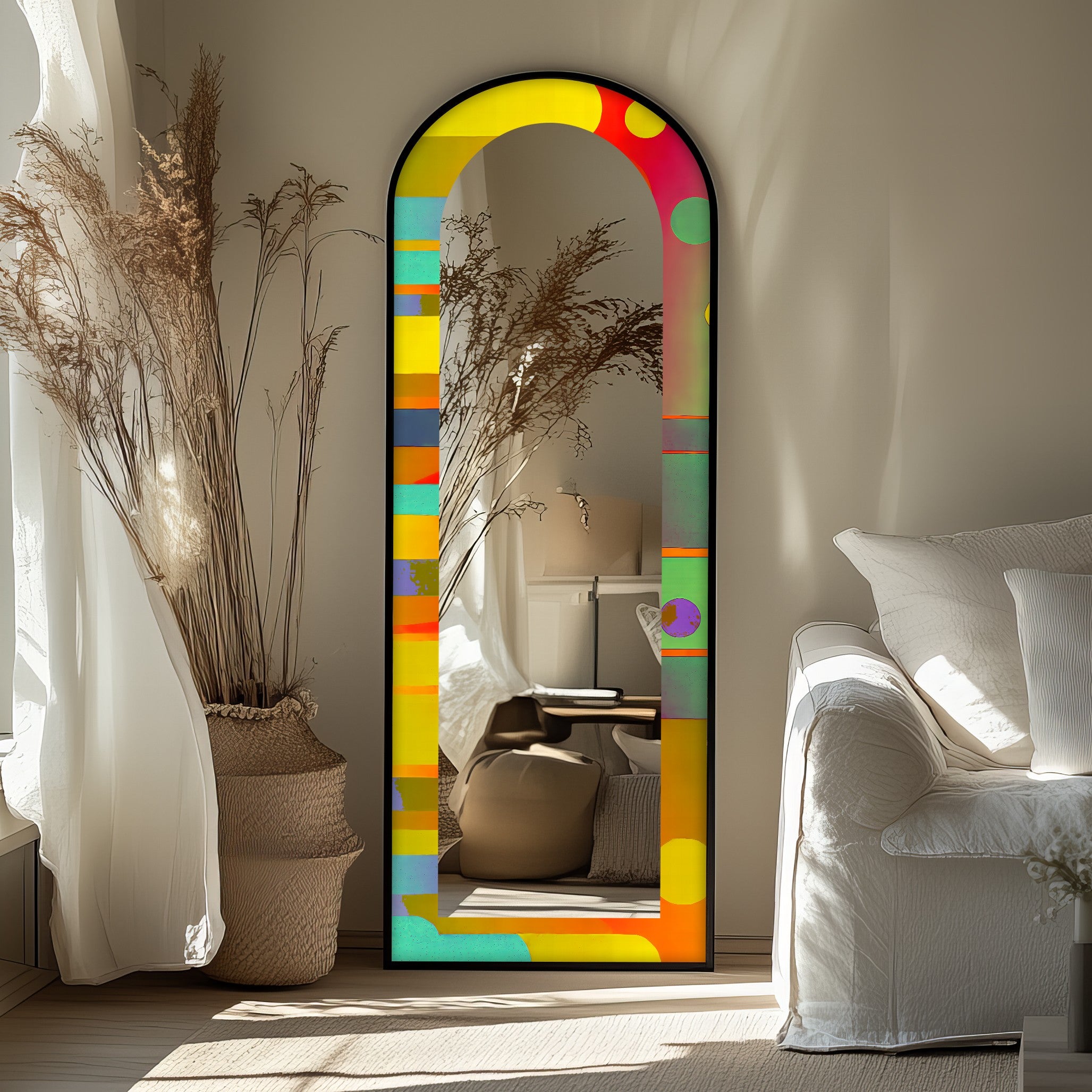 Abstract Circle and Stripe Full Length Floor Mirror - Modern Decorative Wall Mirror for Bedroom, Living Room & Entryway