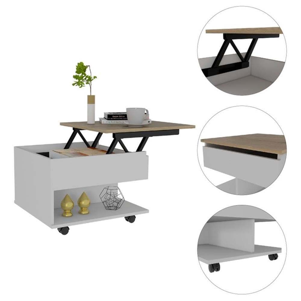Tuhome Luanda Lift Top Coffee Table with Casters and Storage Shelf, White/Light Oak - Perfect for Living Room, Office, and Small Spaces