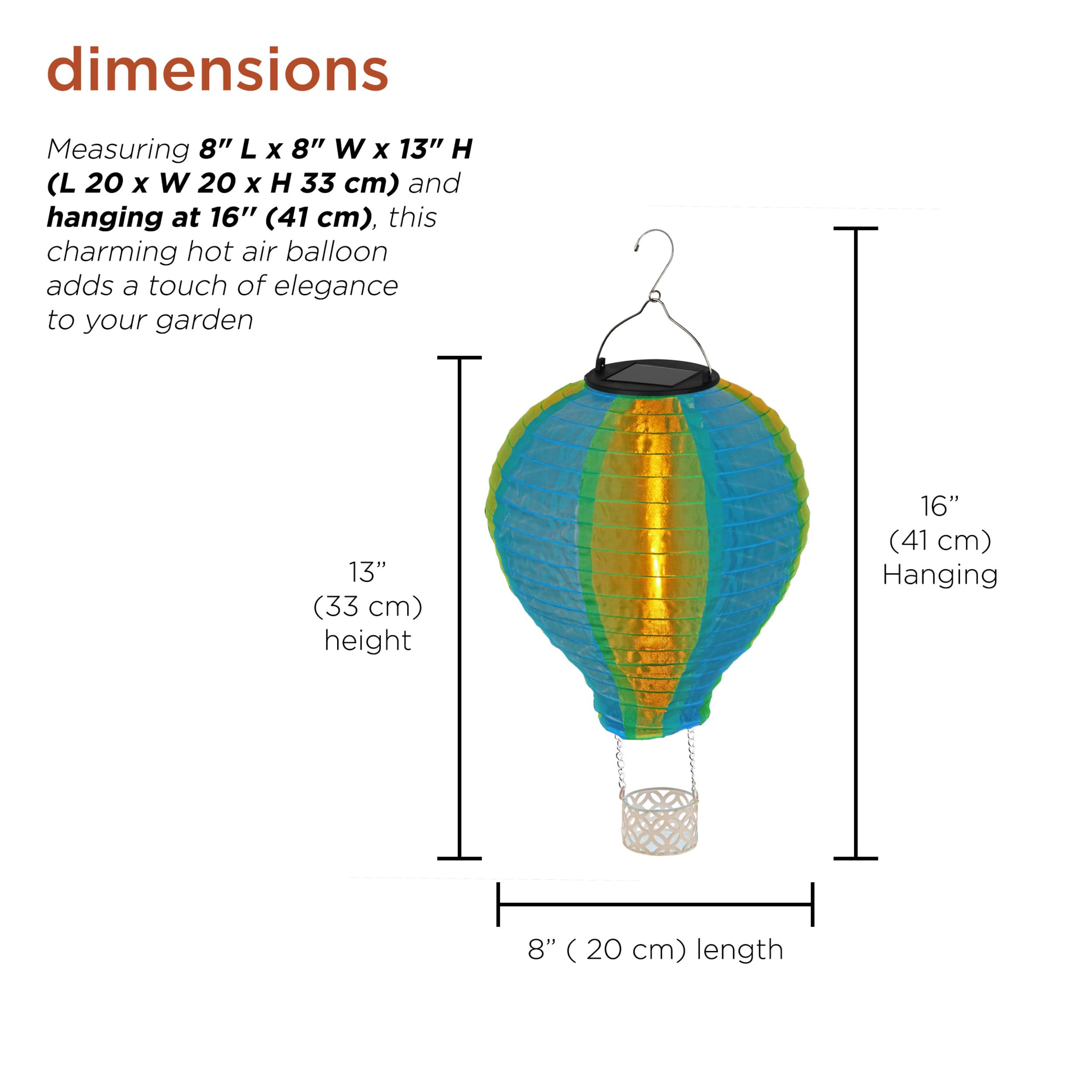 Alpine Corporation QLP1566SLR-GNBL Solar-Powered LED Hot Air Balloon Outdoor Decor - 13 Inch Green with Flame LED Lights for Garden, Patio, and Yard Decoration