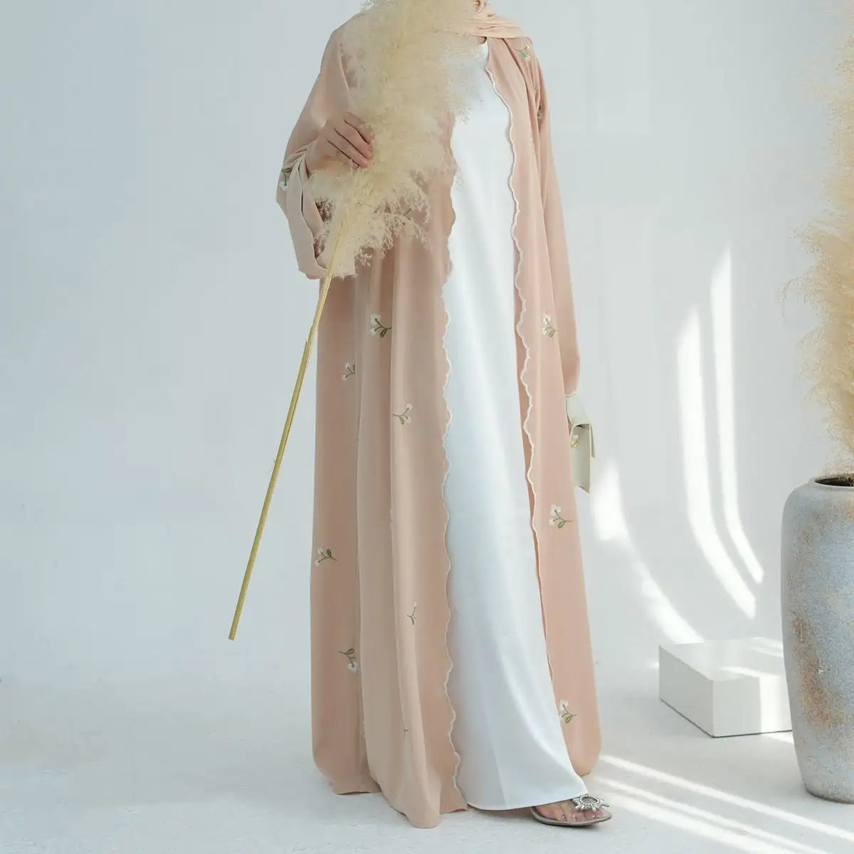 Elegant Floral Embroidered Open Front Abaya Dress for Women - Boho Chic Cardigan Cover Up - Perfect for Prayer, Mosque, and Special Occasions