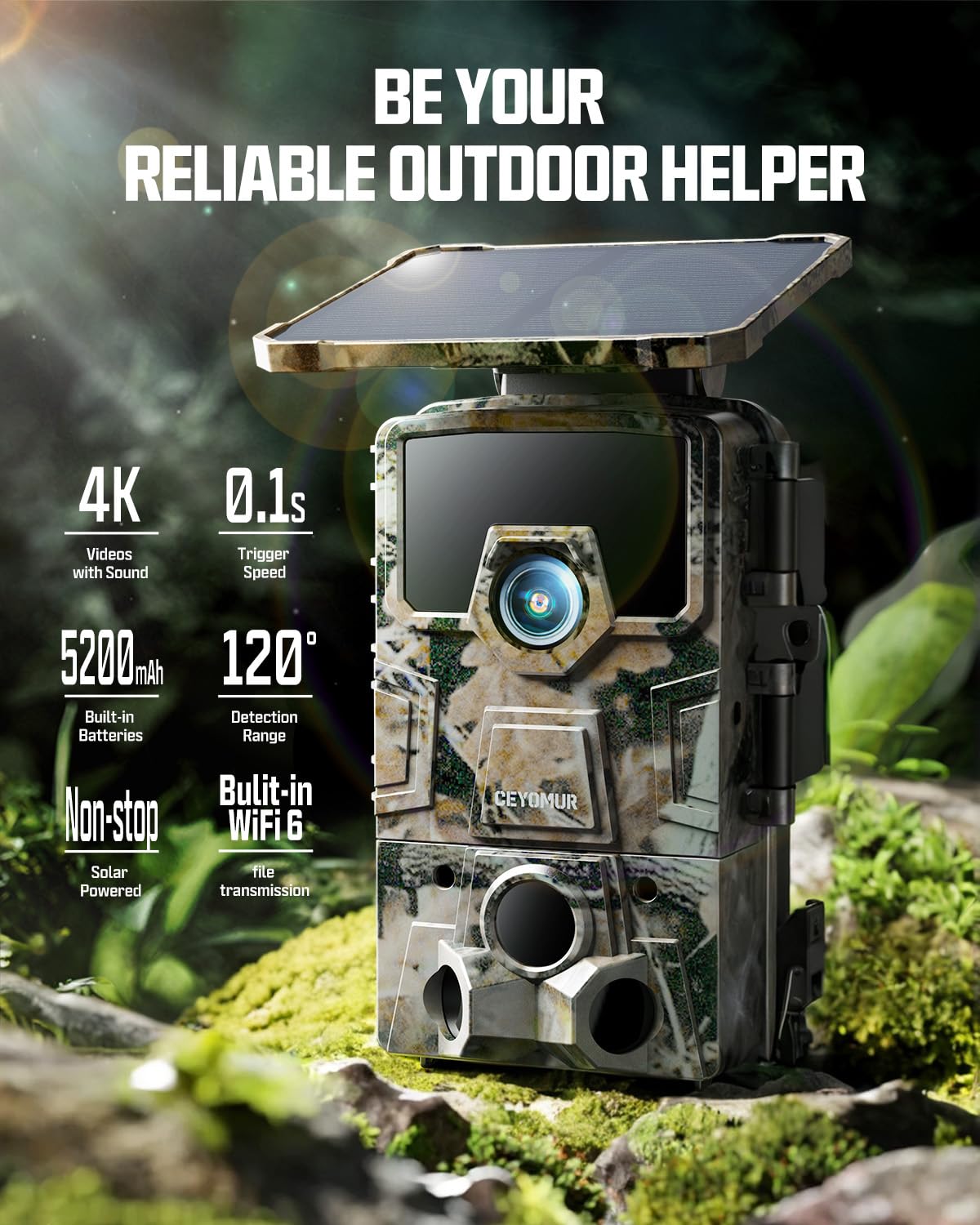 CEYOMUR 4K Solar Trail Camera - 60MP WiFi 6 Game Camera with Night Vision, 0.1s Trigger Motion Activated, 5200mAh Battery & 32GB SD Card - Perfect for Wildlife Monitoring, Hunting, and Outdoor Security Surveillance