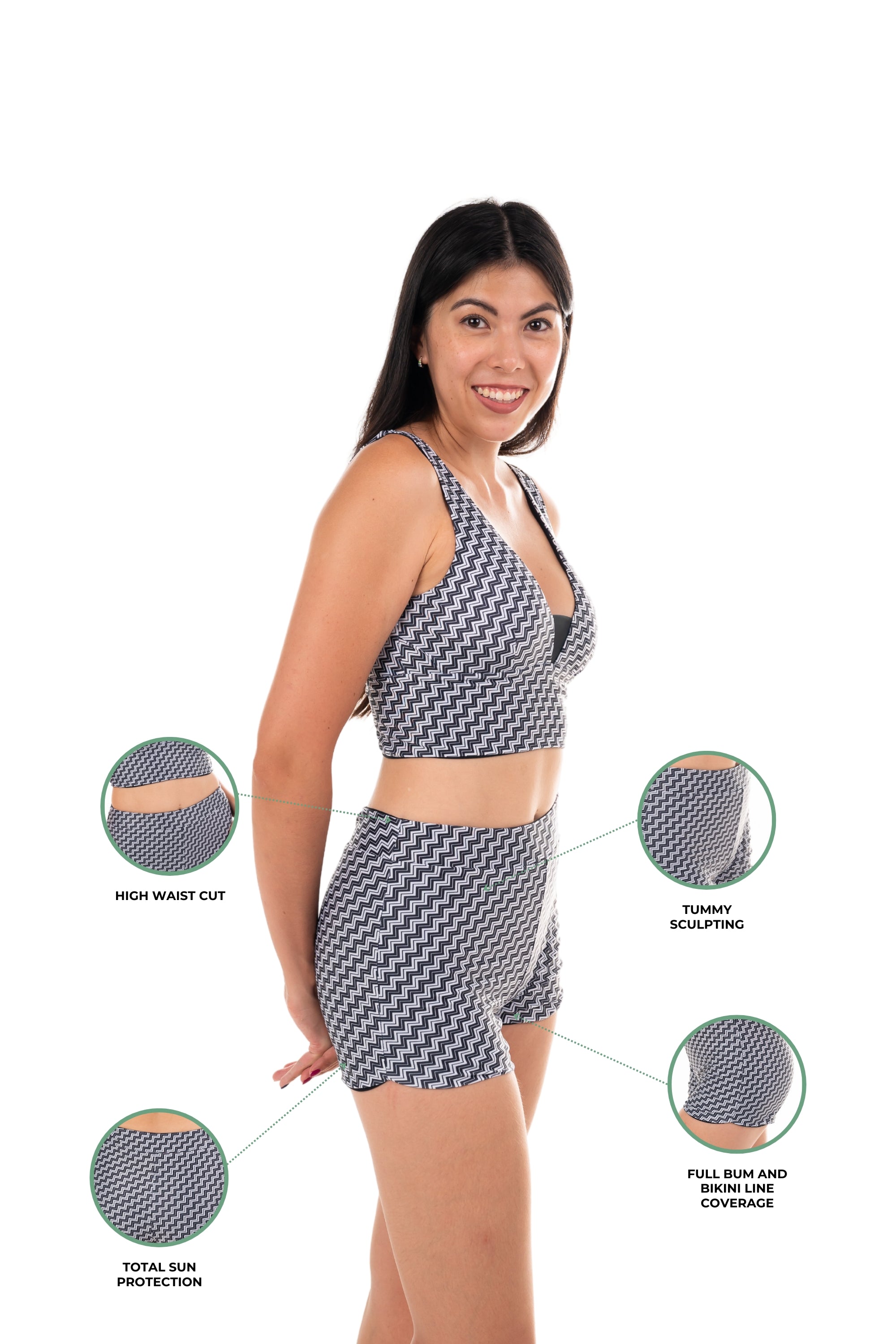 BC High Waist Sculpting Swim & Sports Shorts - Reversible Black/Zig Zag - Perfect for Swimming, Yoga & Beach Workouts
