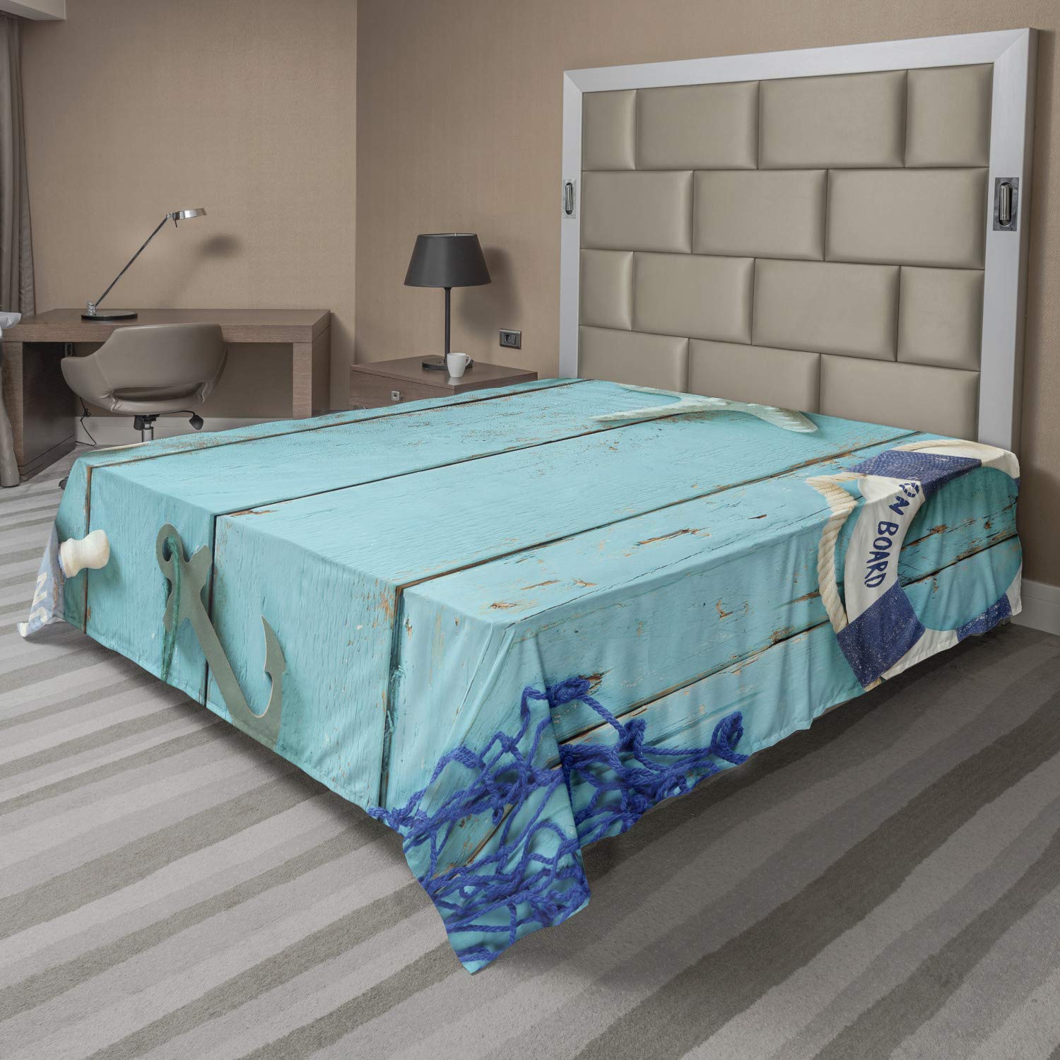 Ambesonne Nautical King Size Flat Sheet - Vintage Steering Wheel & Stars Design, Soft Comfortable Bedding (Turquoise Navy Blue) | Perfect for Coastal Themed Bedrooms, Guest Rooms & Beach House Decor