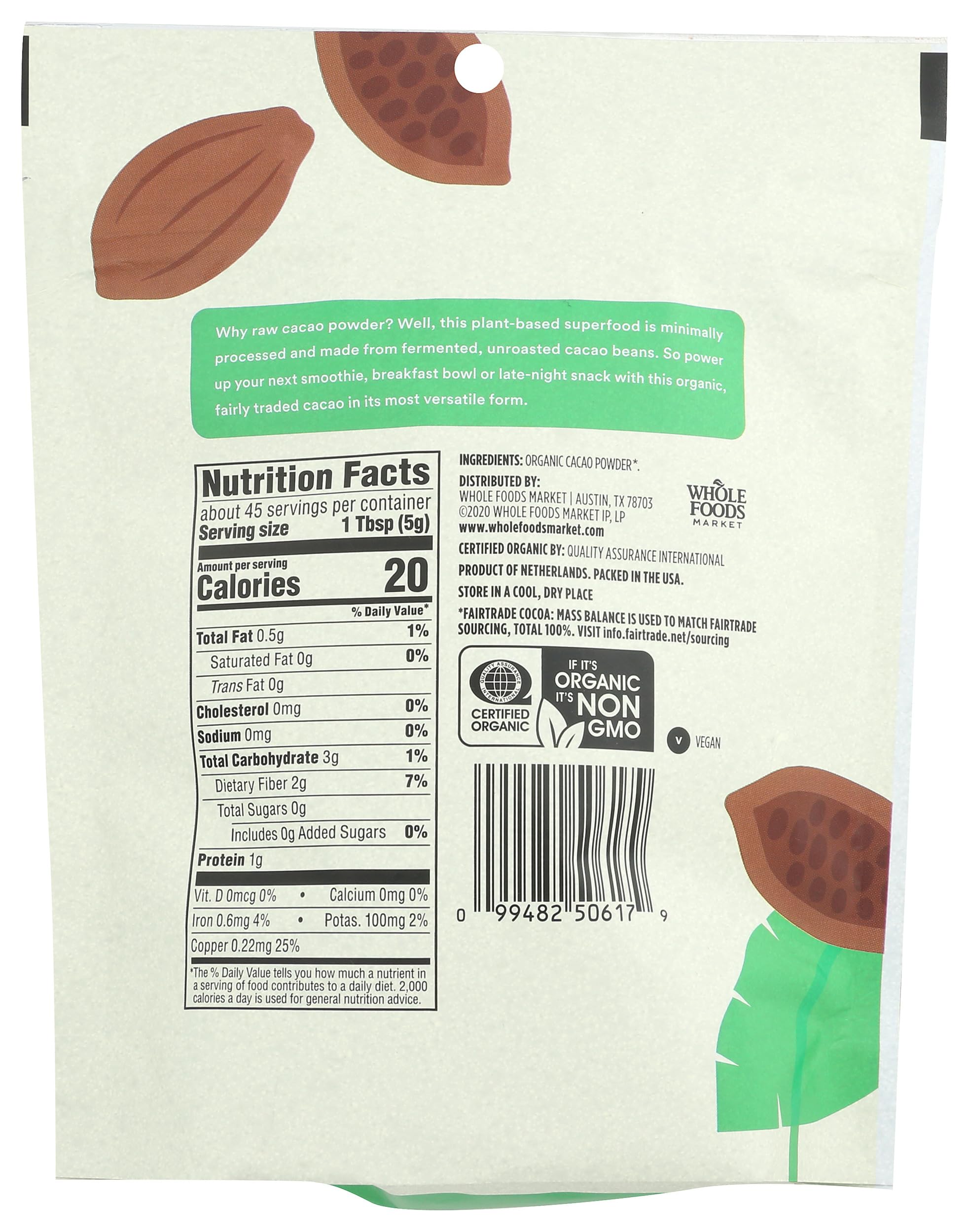 Organic Cacao Powder by 365 by Whole Foods Market, 8 oz | Unsweetened Cocoa for Baking, Smoothies & Healthy Desserts | USDA Certified