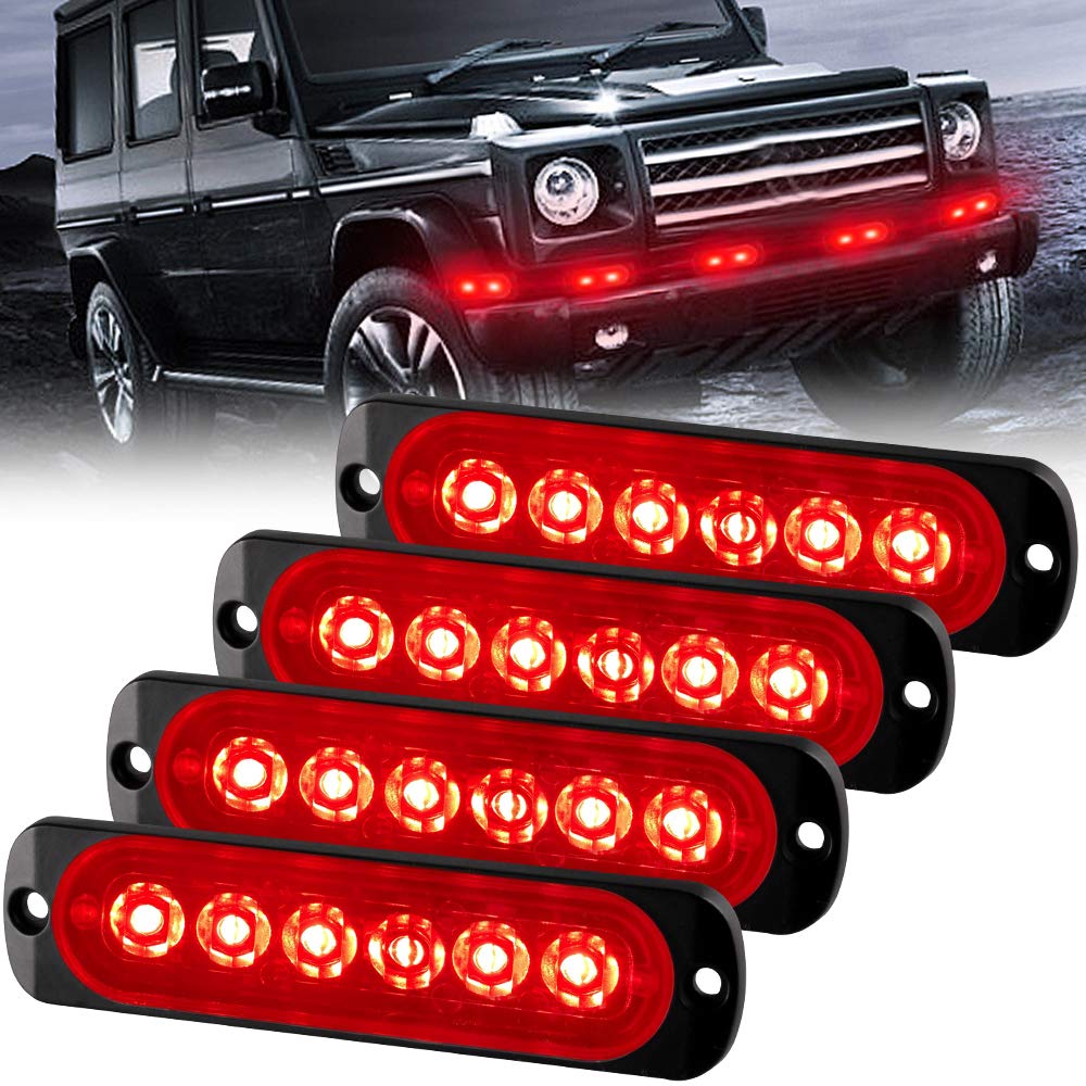 Sidaqi 4PCS 12W 6-LED Surface Mount Emergency Beacon Hazard Warning Lights for Trucks, Cars & Vehicles - Mini Grille Head Strobe Caution Flash Lights (Red) - Ideal for Roadside Emergencies, Construction Zones & Safety Alerts