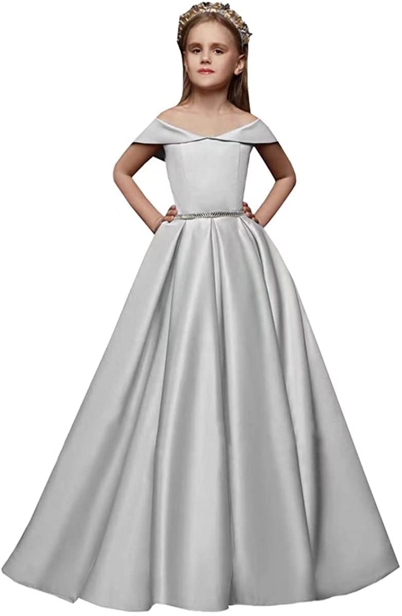 CSYPJYT Off The Shoulder Pageant Dress - Long Satin Flower Girl Dress for Princess Birthday Party, Prom, Quinceañera & Special Occasions - Elegant Ball Gown with Pockets