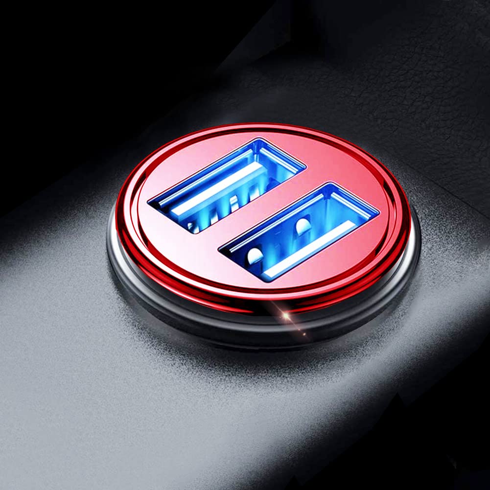 GLBSUNION 24W/4.8A All Metal Car Charger - Fast Charging USB Cigarette Lighter Adapter for iPhone 14/13/12/11 Pro Max, iPad, Samsung Galaxy S22/S21/Note, HTC (Red) with Free 12