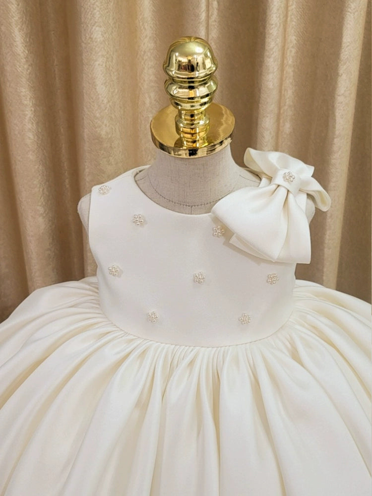 Princess Round Neck Tea Length Satin Flower Girl Dress - White for Weddings, Parties & Special Occasions