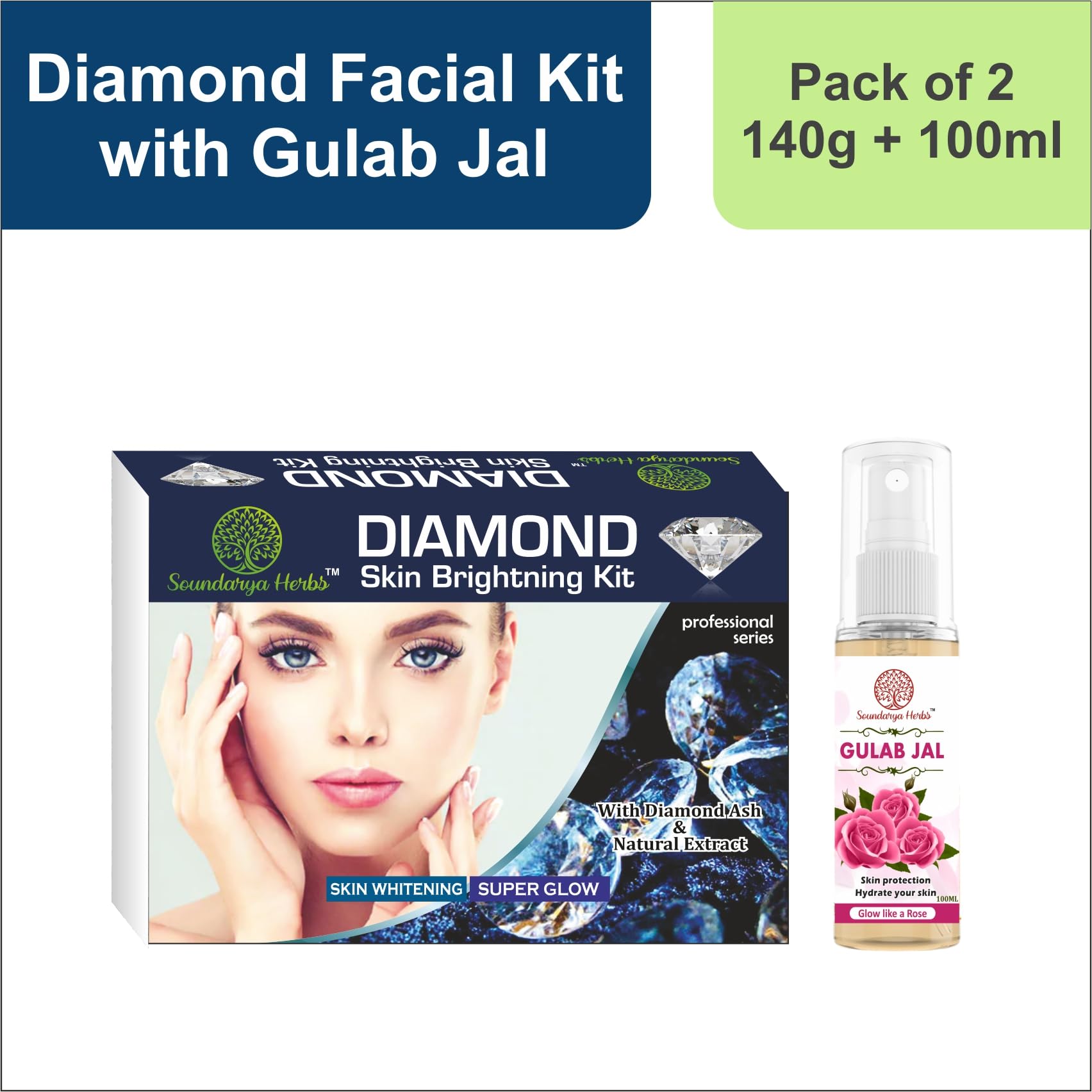 Soundarya Herbs Facial Kit (140g) with Free 100ml Rose Water | Glow Like a Rose Complexion | Diamond Radiance | Perfect for Spa Day & Bridal Glow Preparation