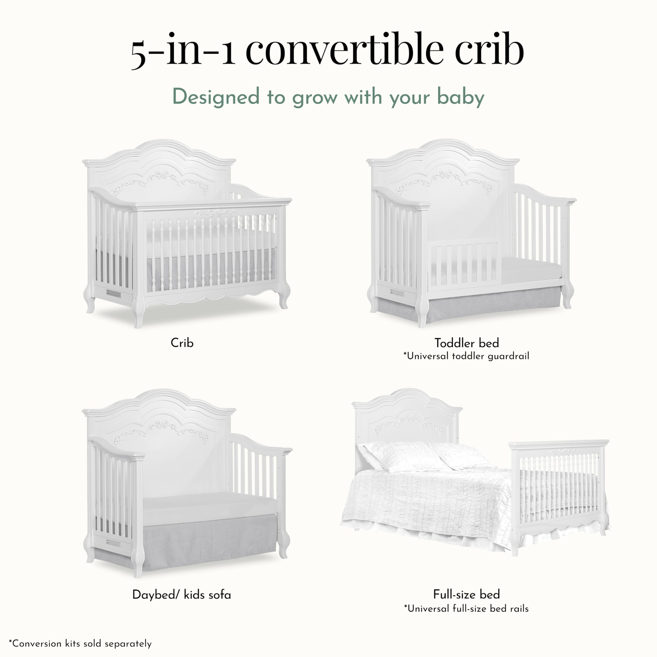 Aurora 5-in-1 Convertible Baby Crib in Frost White - Greenguard Gold Certified, Adjustable 3-Level Mattress Height, Sturdy Wooden Nursery Furniture for Newborn to Toddler | Perfect for Small Spaces & Modern Nurseries