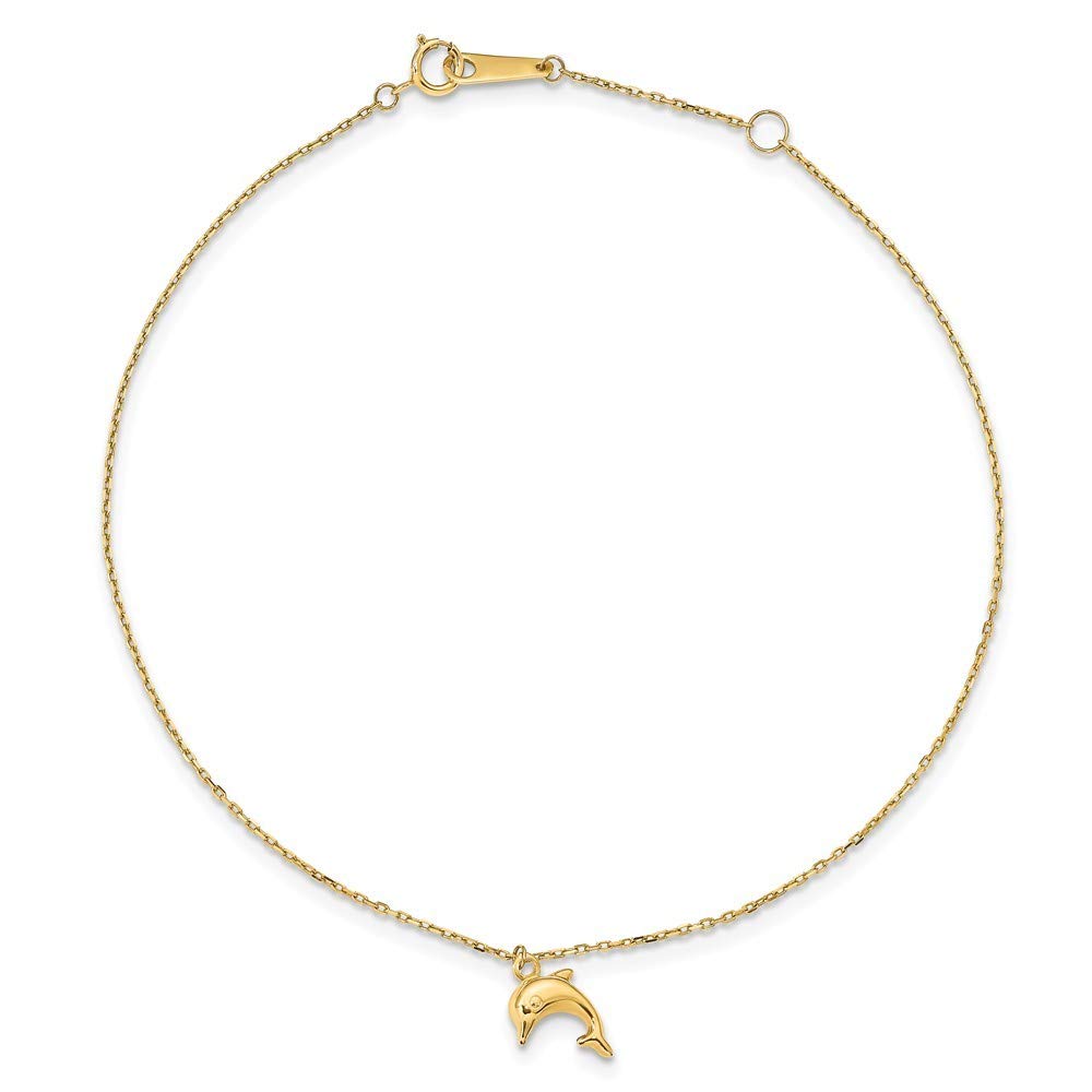 14K Yellow Gold Dolphin Charm Anklet with 1 Inch Extension - Adjustable 10 Inch Length | Elegant Beach Jewelry for Women | Perfect for Summer Vacations, Gifts & Boho Style Outfits