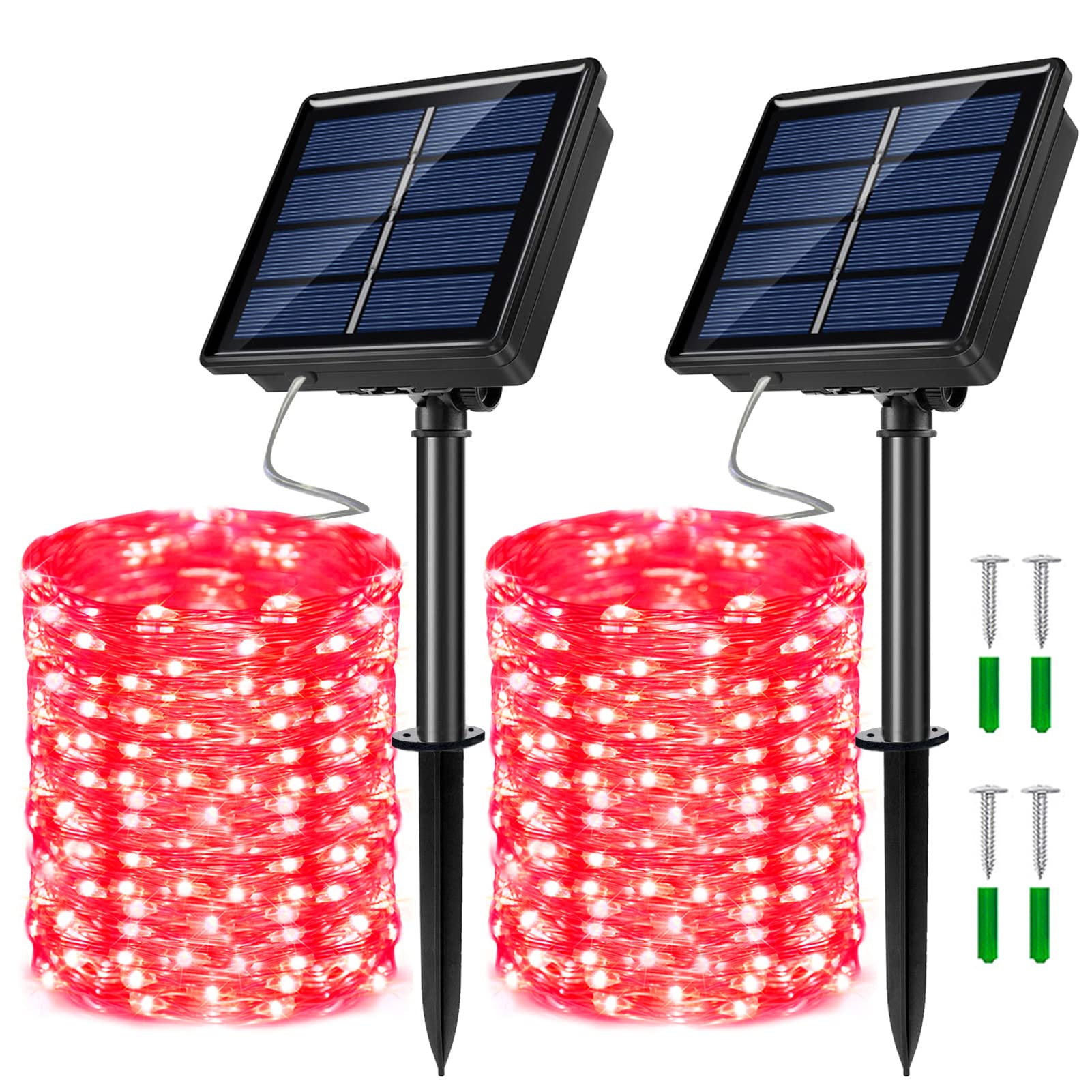 2 Pack Solar Powered Fairy String Lights Outdoor Waterproof - 8 Modes Twinkle Christmas Decorations - 33ft-100LED, 40ft-120LED, 66ft-200LED, 80ft-240LED (Red, 66ft) - Perfect for Garden, Patio, Wedding, Party & Holiday Decor