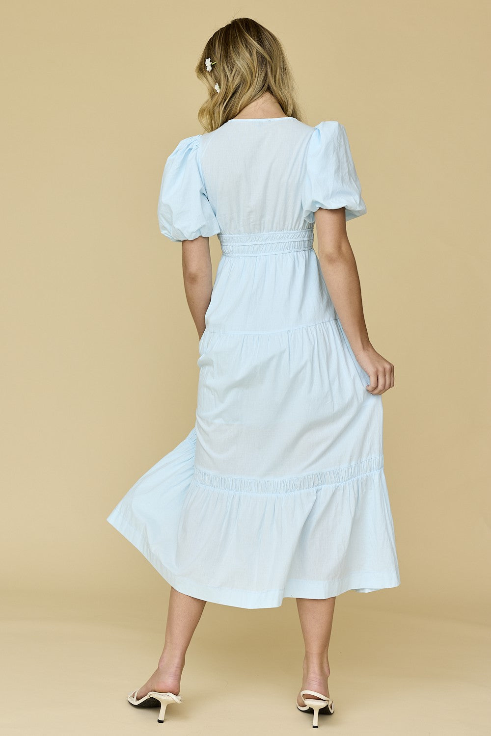 Stylish Baby Blue Puff Sleeve Midi Dress for Women - Perfect for Weddings, Parties & Summer Outfits