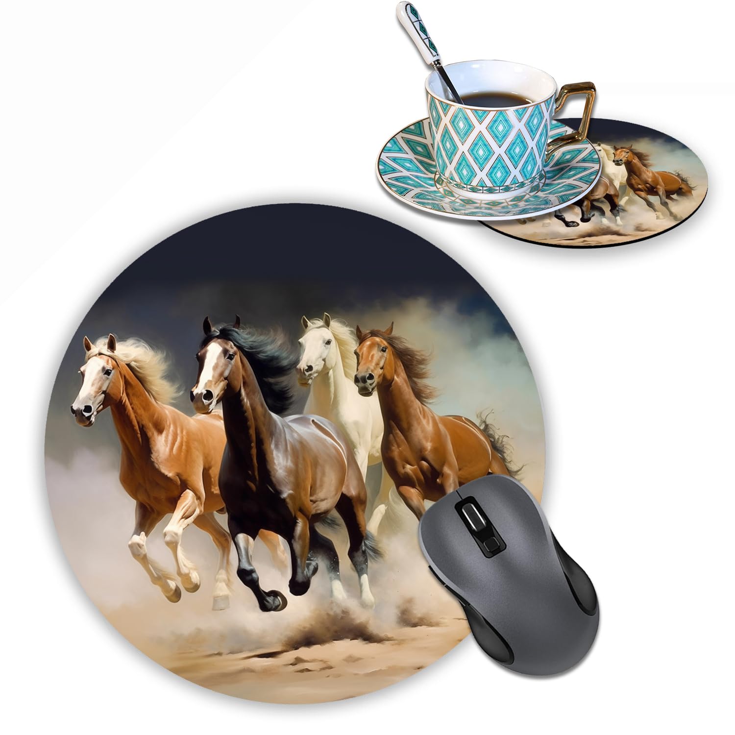Premium Non-Slip Round Mouse Pad with 4 Coasters Set - Running Horse Design Ergonomic Desk Mat for Office & Gaming - Perfect for Computers, Laptops, and Home Workspace Decor