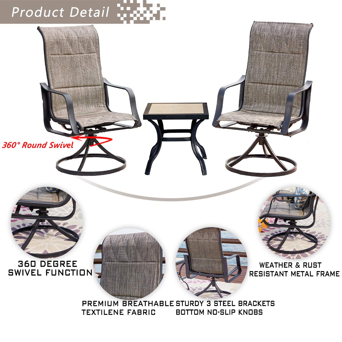360° Swivel Outdoor Patio Dining Set - 3-Piece Bistro Chairs with Armrests & Square Metal Coffee Table - Steel Frame Rocking Furniture for Deck, Garden, Poolside - Perfect for Relaxing, Entertaining & Outdoor Gatherings (Gray)