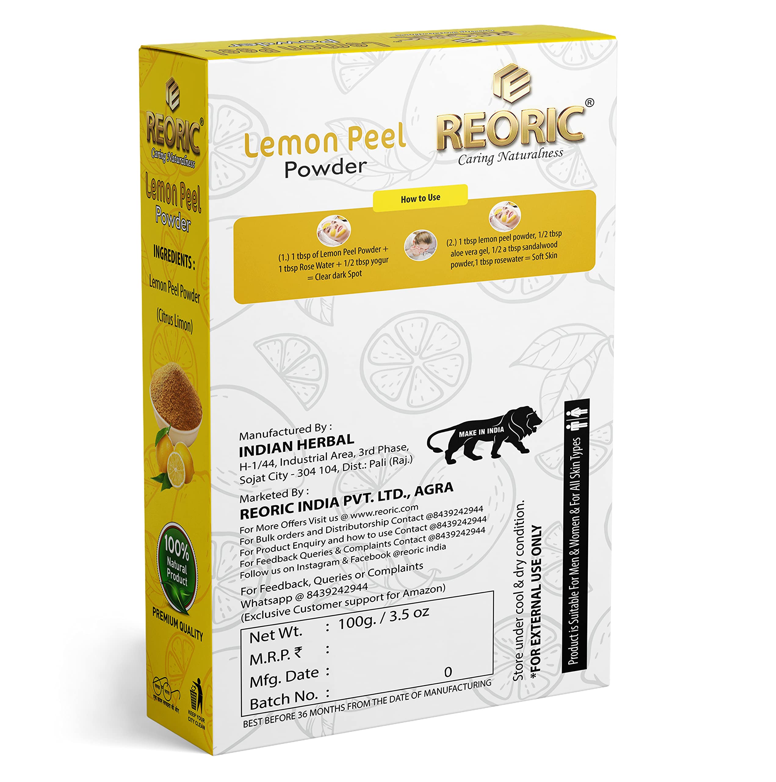Organic Lemon Peel Powder for Face - 100% Natural Vitamin C Brightening Facial Mask & Skin Glow Treatment (100g) | DIY Skincare, Brightening Face Pack, Natural Exfoliator for Radiant Skin