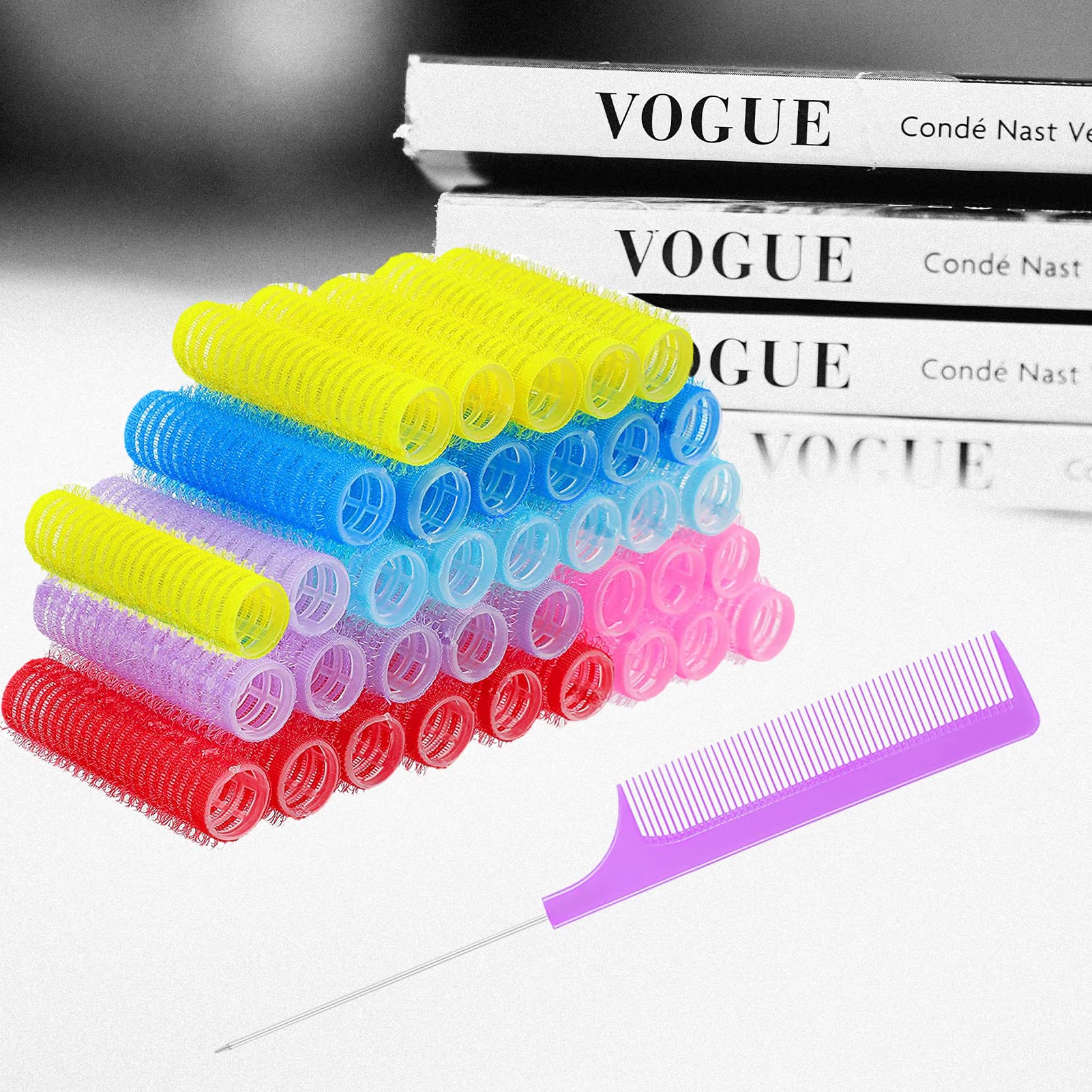 36PCS Self-Grip Heatless Hair Rollers for Medium & Short Hair - 0.6 x 2.4 Inch Salon Quality Curling Tools with Rat Tail Comb - Perfect for DIY Curly Hairstyles, Overnight Styling & Natural Waves (Women's Hair Styling Kit)