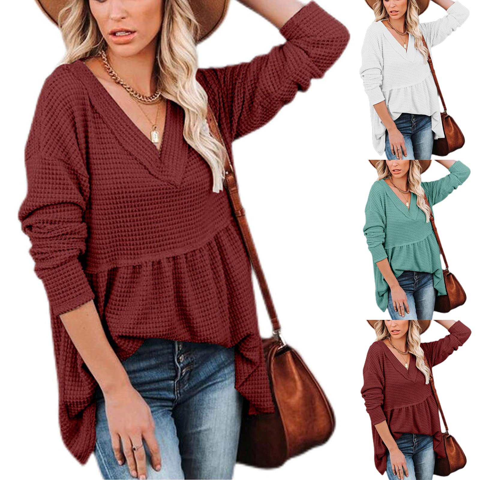 Women's Peplum Waffle Knit Babydoll Top - V-Neck Pullover Tunic Blouse in Solid Colors | Fall Fashion for Casual Outfits & Layering