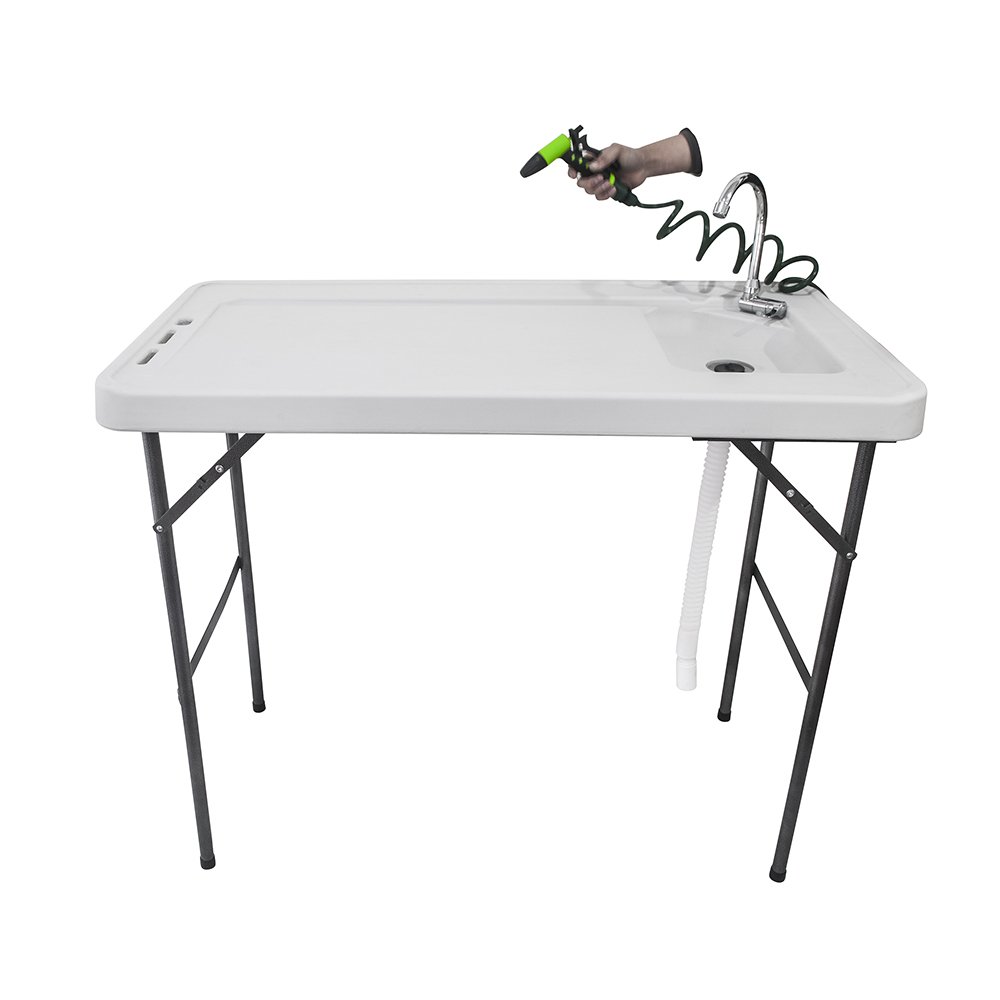 4FT Portable Folding Camping Table with Faucet - Outdoor Cleaning & Cutting Station for Fishing, Hunting, Picnics, RV & Beach - Includes Spray Nozzle & Drain Hose - Perfect for Outdoor Cooking, Gardening & Camping Activities