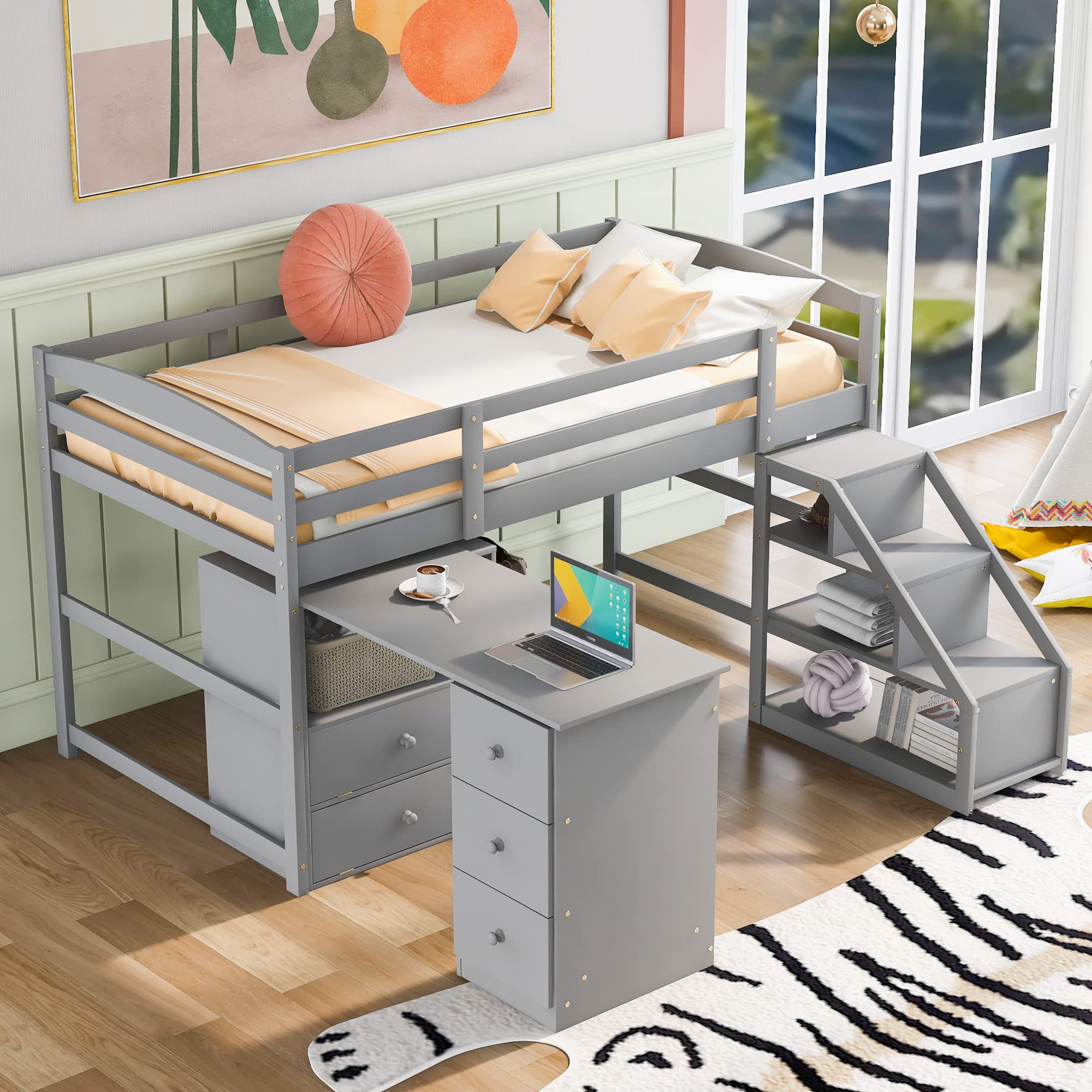 Kids Twin Loft Bed with Study Desk & Storage Steps - Low Wooden Bunk Bed Frame, Portable Workstation, Easy Assembly (Gray) - Perfect for Small Bedrooms, Dorm Rooms & Space-Saving Kids' Rooms
